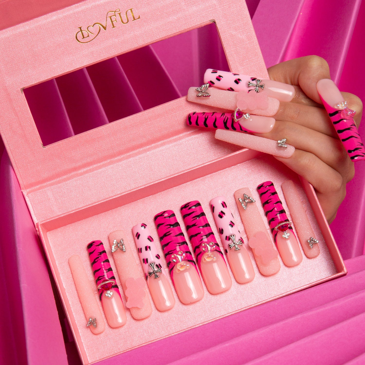 Safari Love Pink Handmade Square Nails H128