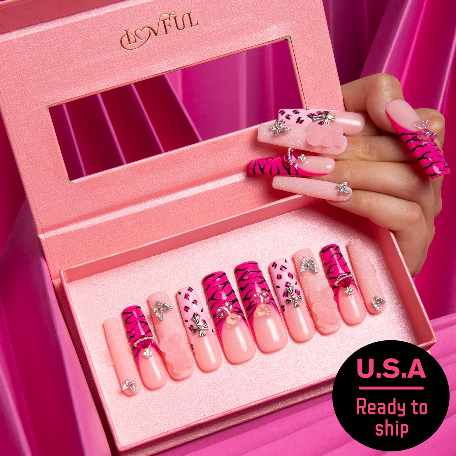 'Safari Love' press-on nails by Lovful featuring hot pink French tips with leopard prints, lips, and butterfly accents. Ready to ship from U.S.A.