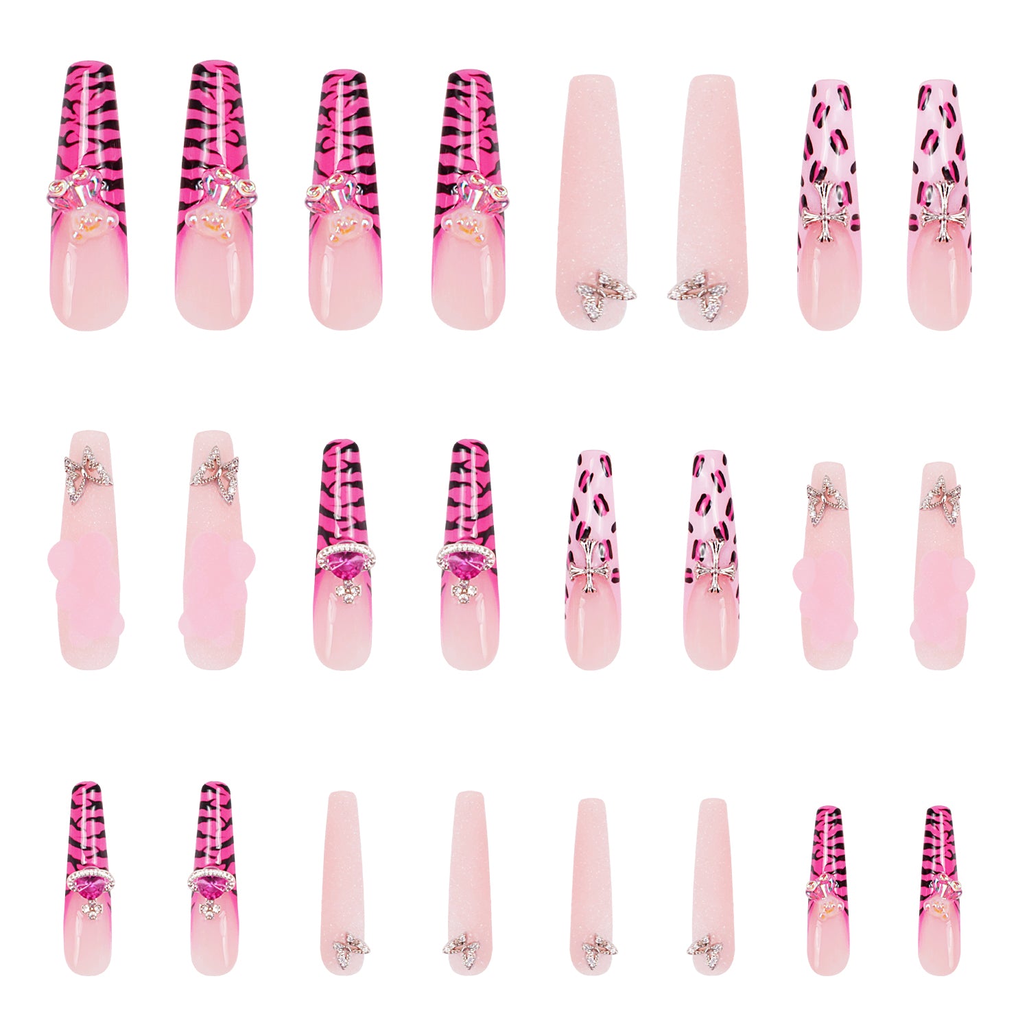 Set of 24 Safari Love press-on nails with hot pink French tips, black leopard prints, solid pink nails, and butterfly accents.