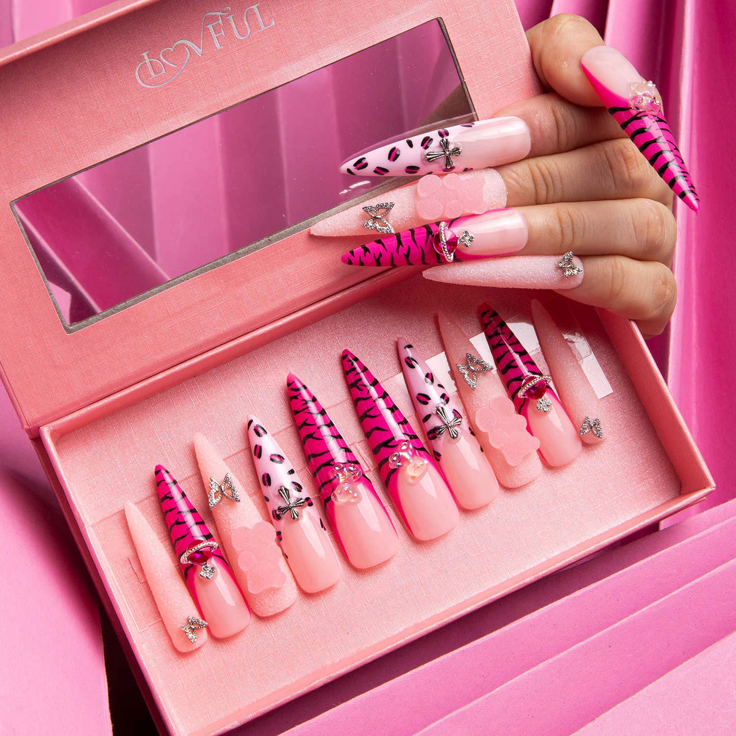 Safari Love Pink Handmade Stiletto Nails H128