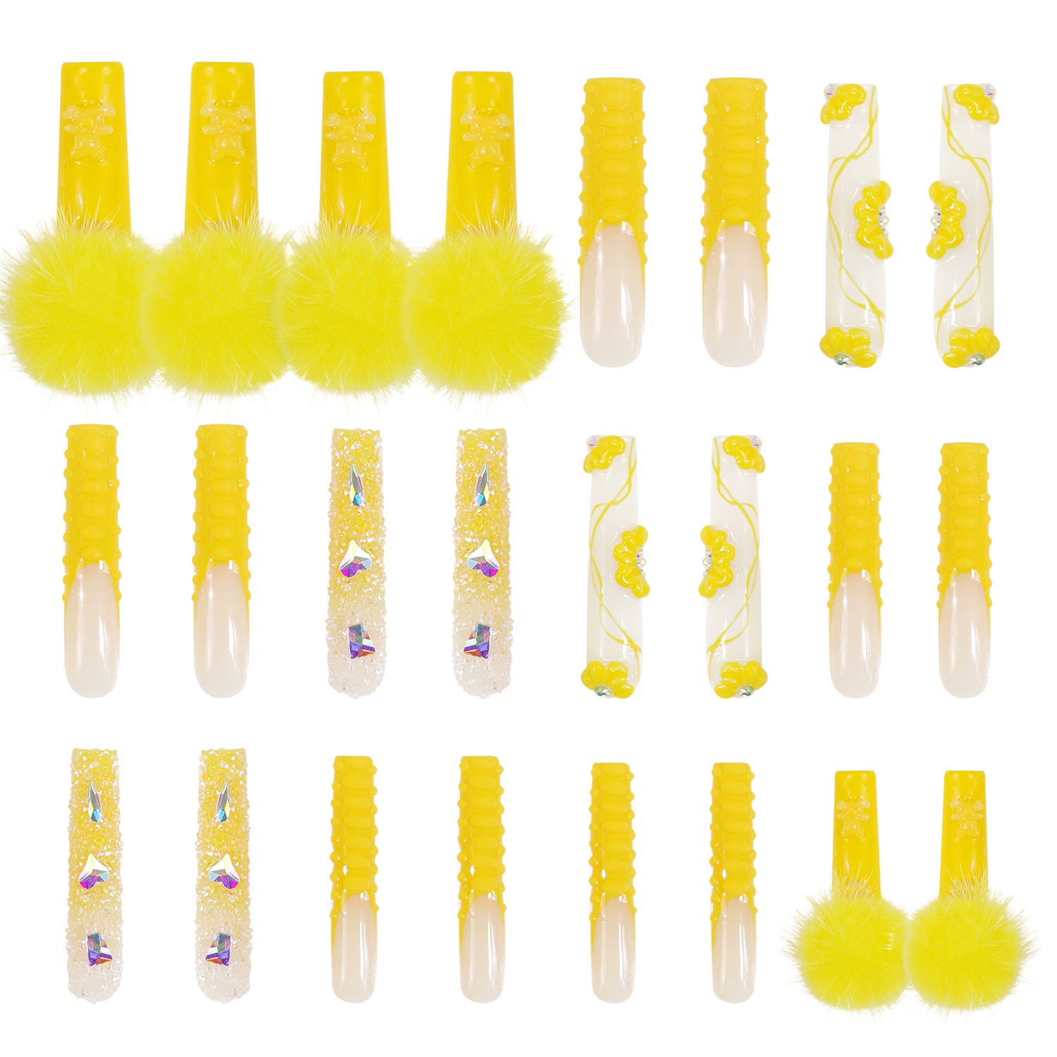 24 pcs Yummy press-on nails in sunny yellow featuring detachable fluffy balls, glitter accents, and intricate yellow designs, perfect for adding a playful and whimsical twist to your look.