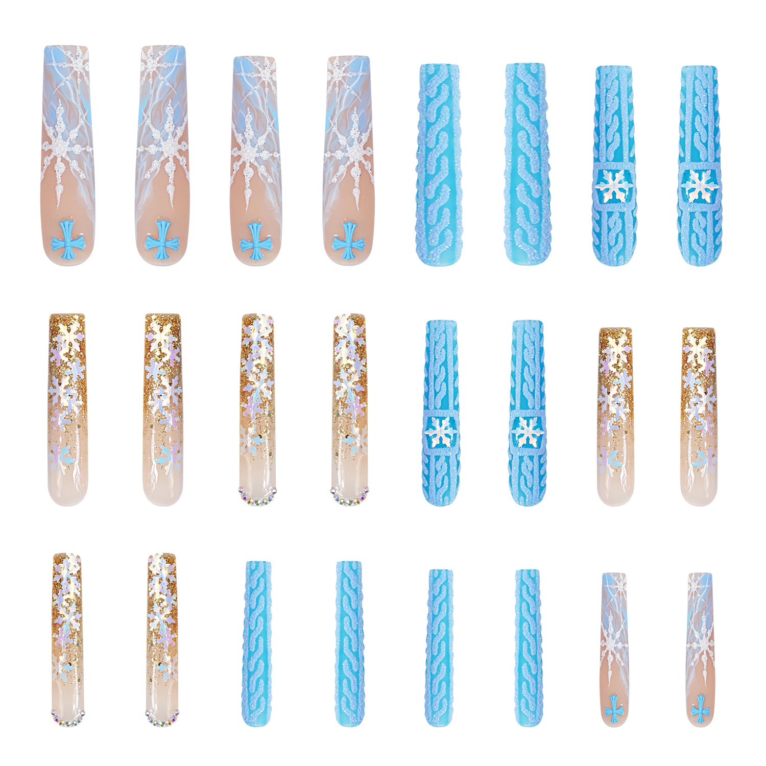 Lovful 'Winter Sunshine' press-on acrylic nails in soft blue with golden glitter, featuring snowflakes and winter-themed designs, set of 24 pieces.