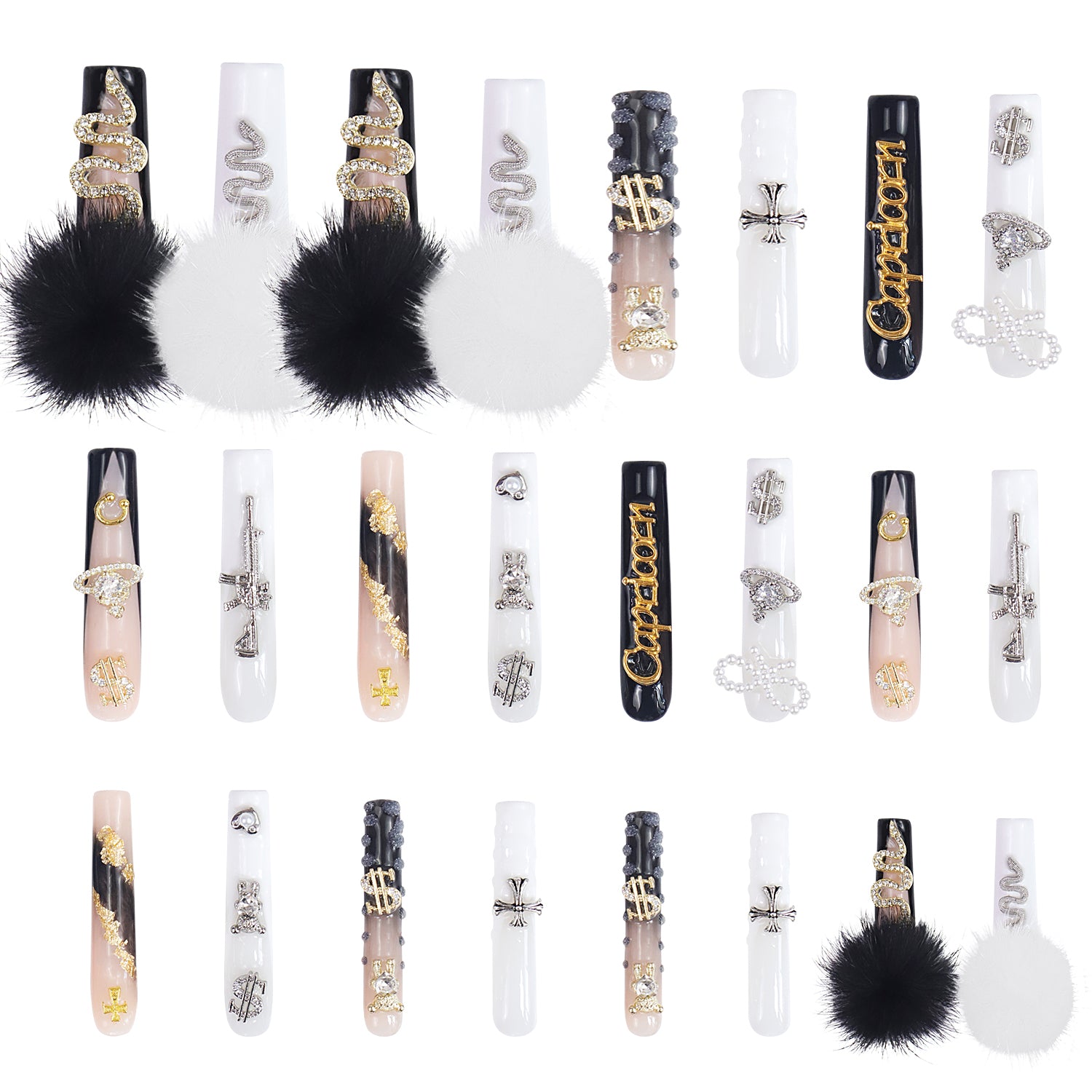 24 Capricorn-themed press-on nails from Lovful's Zodiac Collection in black and white with detachable fluffy balls, featuring intricate decorations, Capricorn symbols, and text labels.