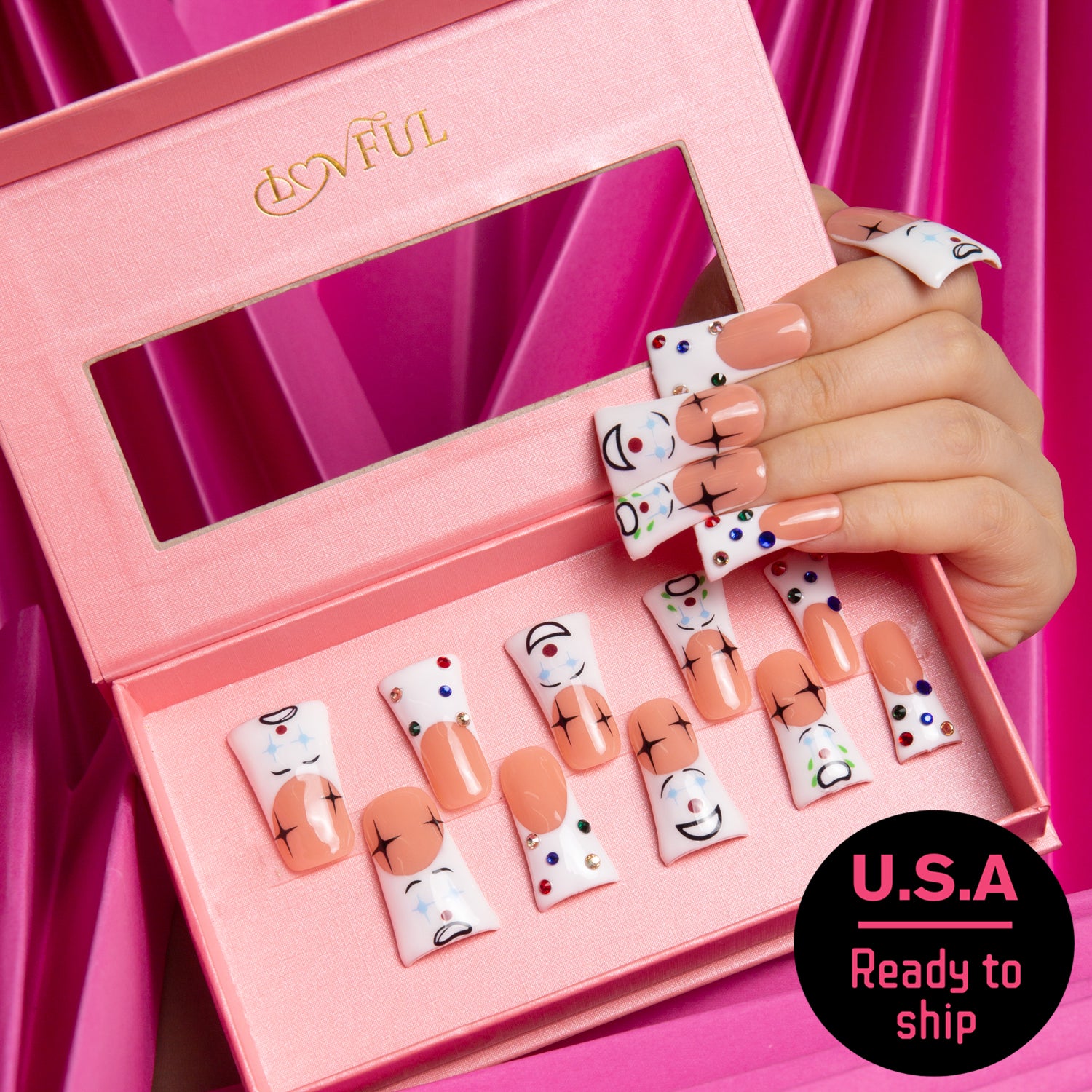 Lovful.com Circus Clown-themed press-on nails in a pink box with fun clown faces and colorful polka dot designs. U.S.A Ready to ship.