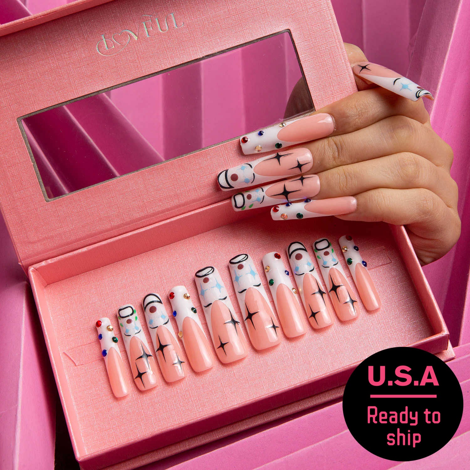 Circus Clown-themed press-on nails displayed in a pink box with fun designs including clown faces, colorful dots, and black cross patterns, with text 'U.S.A Ready to ship' indicating express delivery availability.