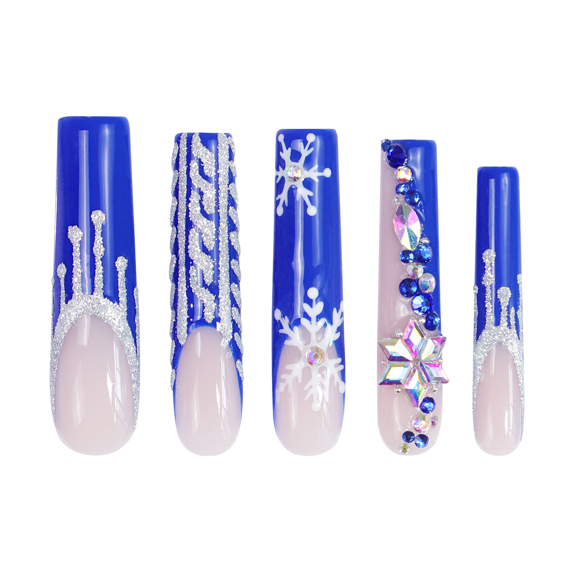 Snow Waltz Press-On Nails, blue French tips with snowflake design