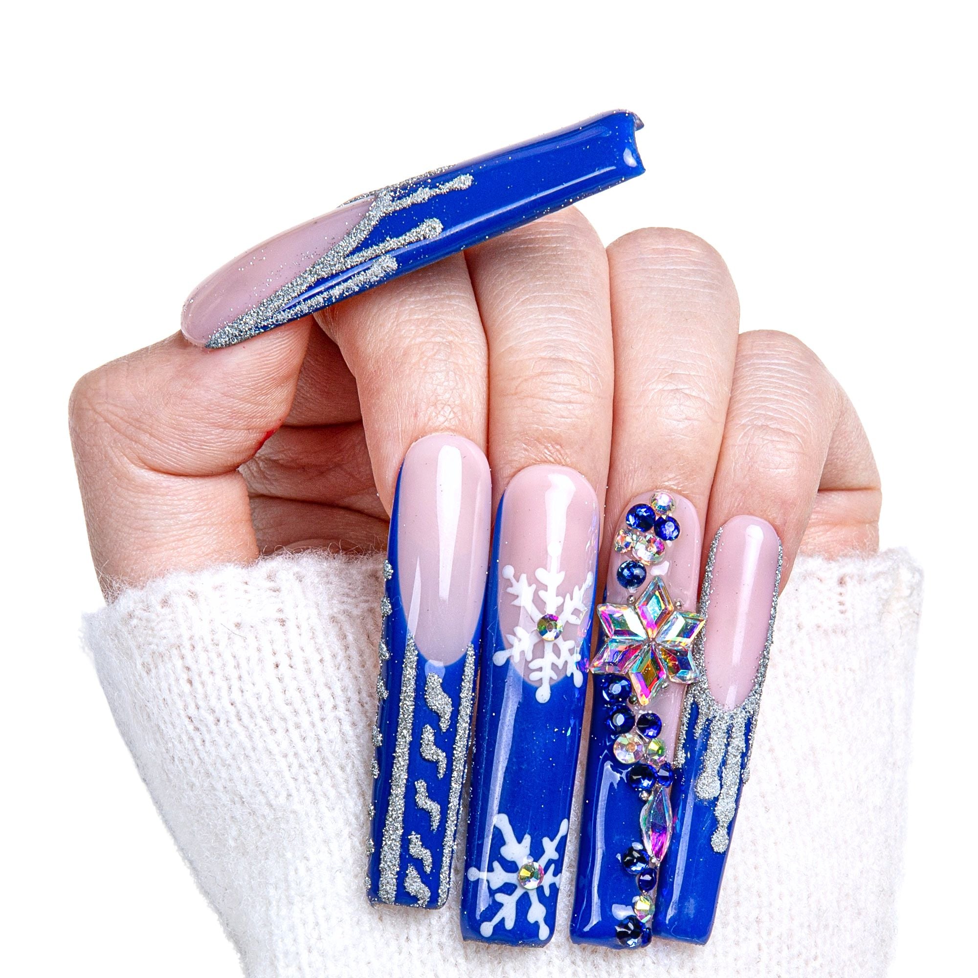 Snow Waltz Blue French Tip Press-On Nails with Snowflake Design