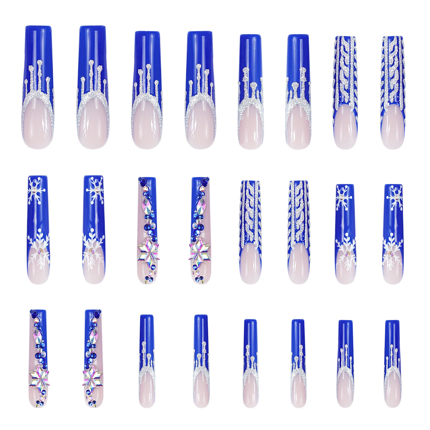 Set of 24 Snow Waltz Press-On Nails featuring blue French tips, white snowflakes, jeweled accents, and intricate winter-themed patterns. Perfect for holiday elegance and winter weddings.
