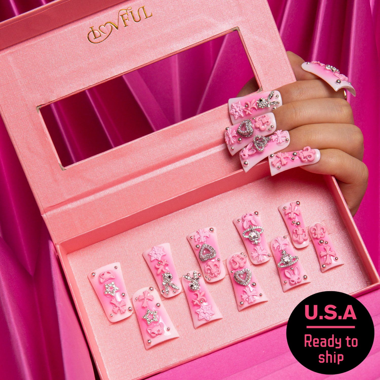 Pink Bliss Blush press-on nails by Lovful in a pink box with rhinestone decorations, hearts, and stars. Includes 'U.S.A Ready to ship' badge