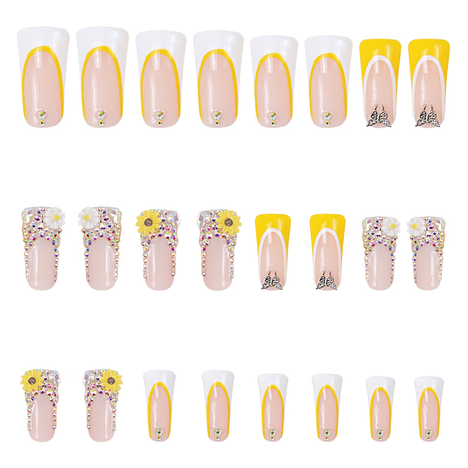 Set of 24 Sunflower-themed press-on acrylic nails with yellow-capped French tips, sunflower decorations, and crystal embellishments, ideal for adding a touch of sunny romance.