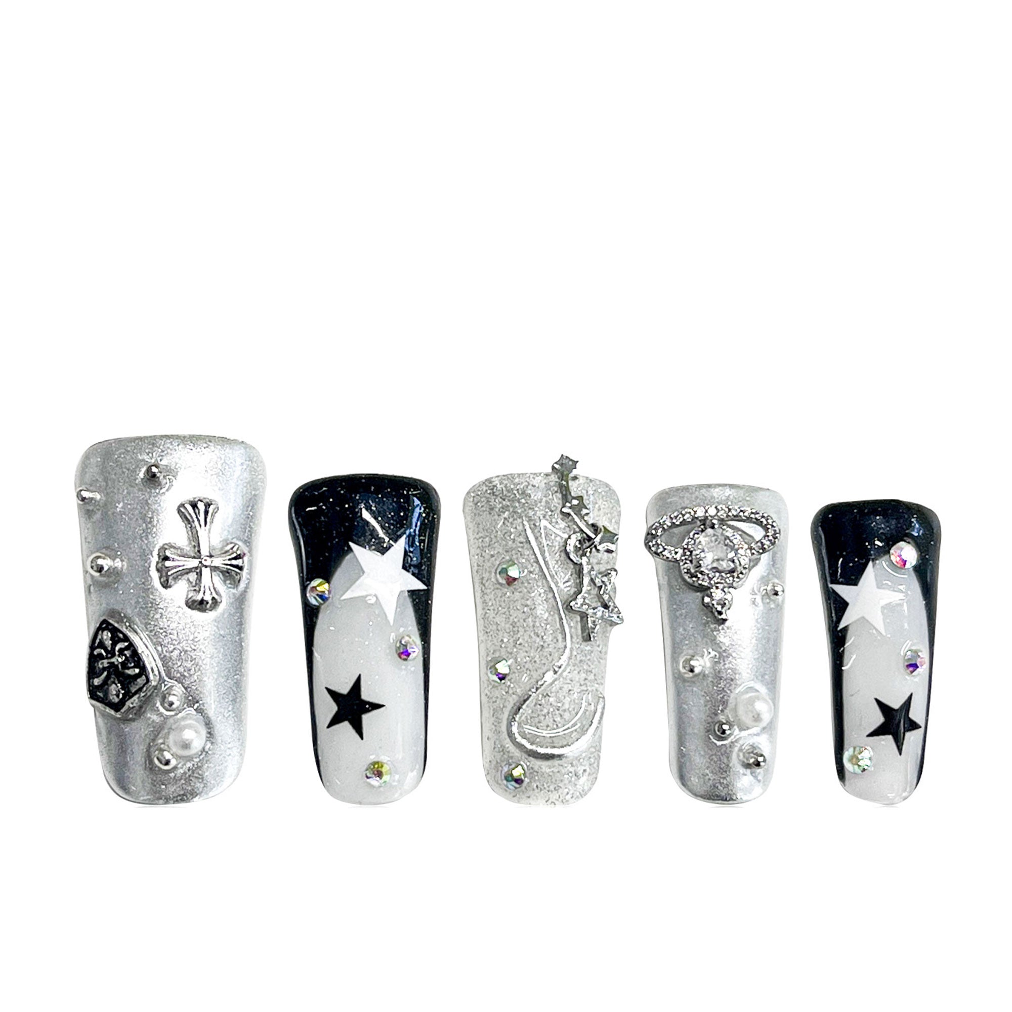 Silver Planet French Tip Handmade Nails H145