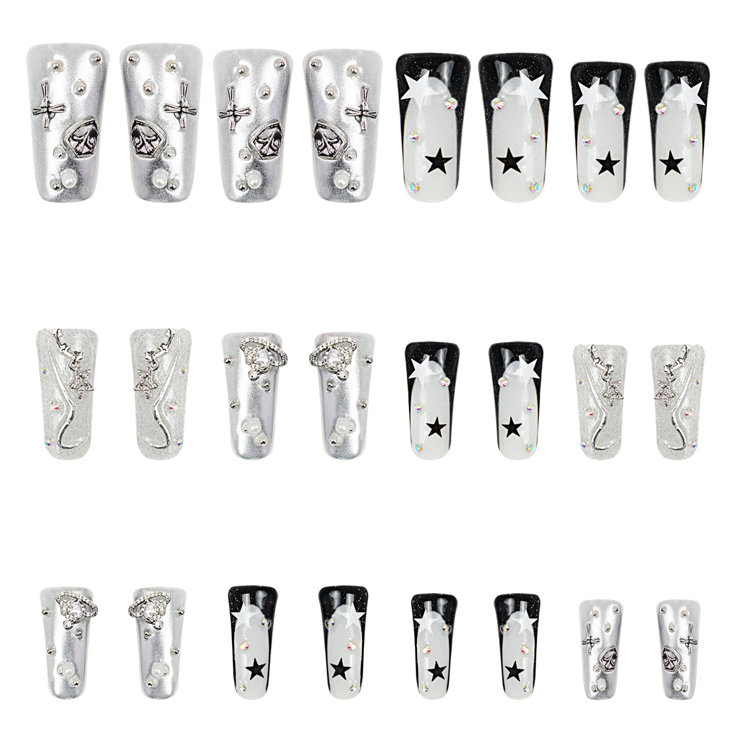 Silver Planet French Tip Handmade Nails 24Pcs H145