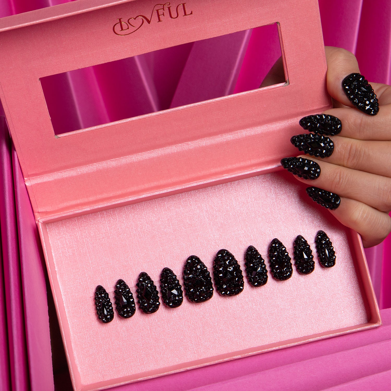 Classic Black Rhinestone Handmade Almond Nails H146