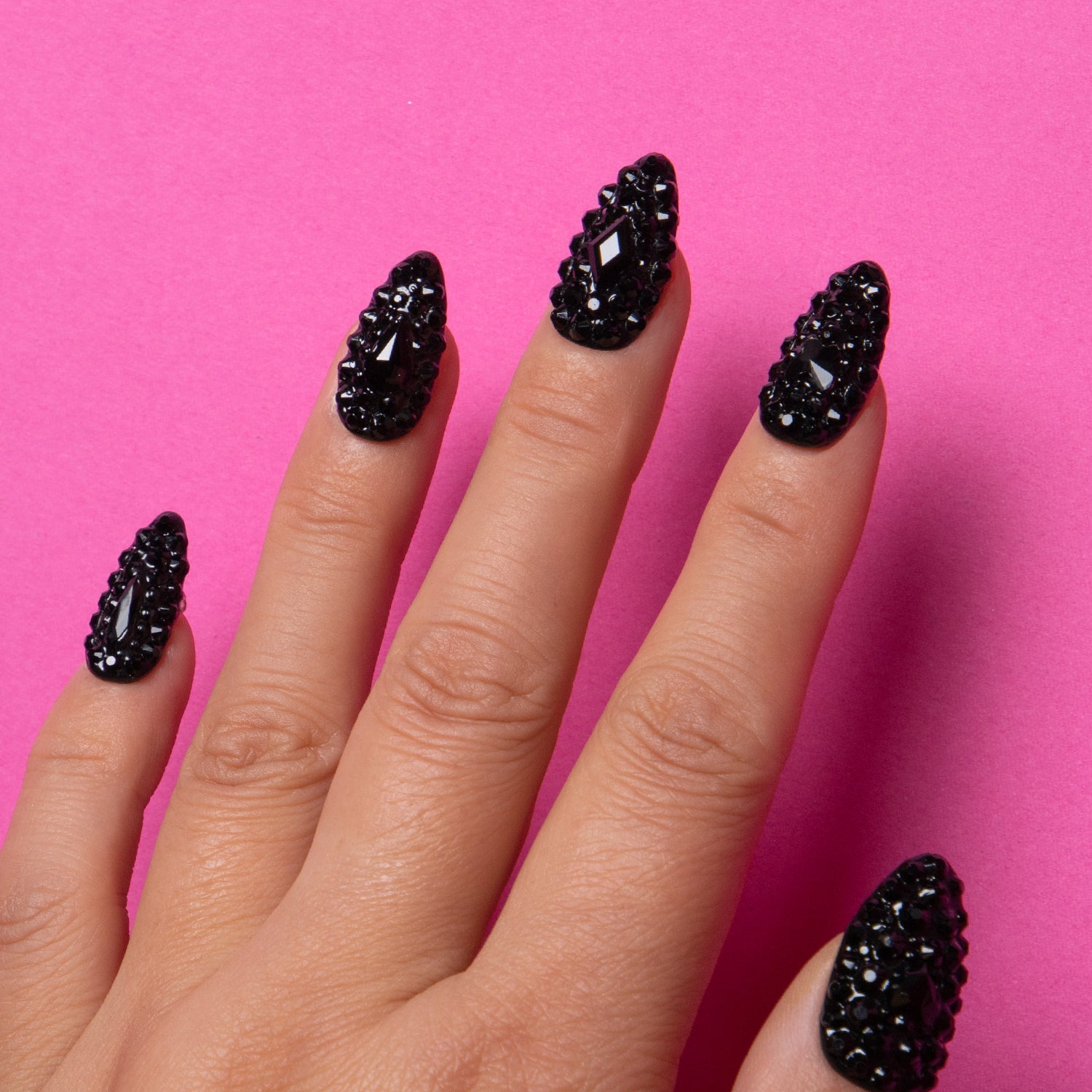 Classic Black Rhinestone Handmade Almond Nails H146