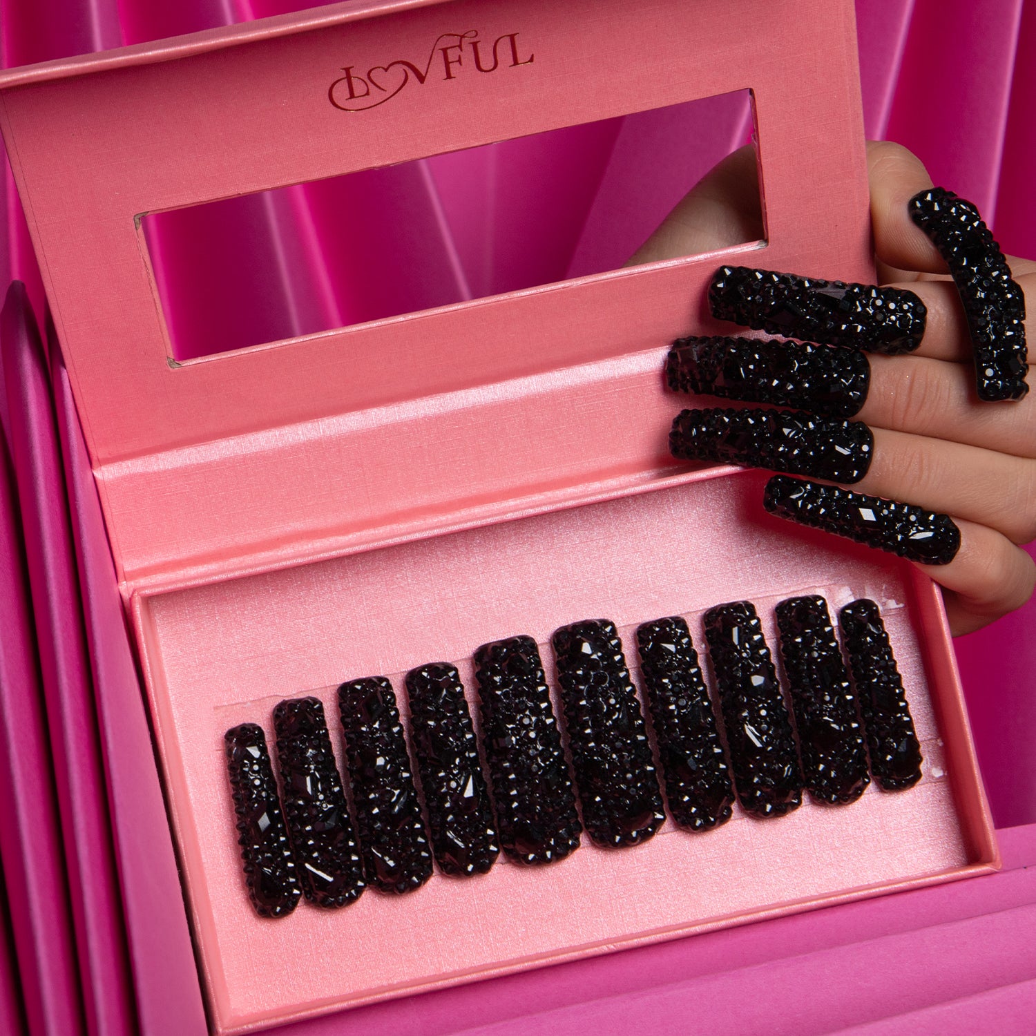 Classic Black Rhinestone Handmade Curve Nails H146