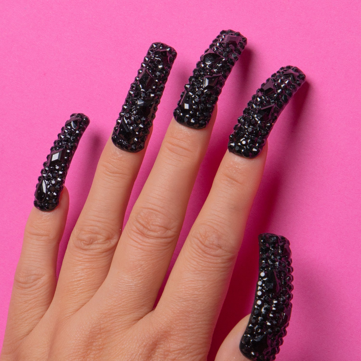 Classic Black Rhinestone Handmade Curve Nails H146