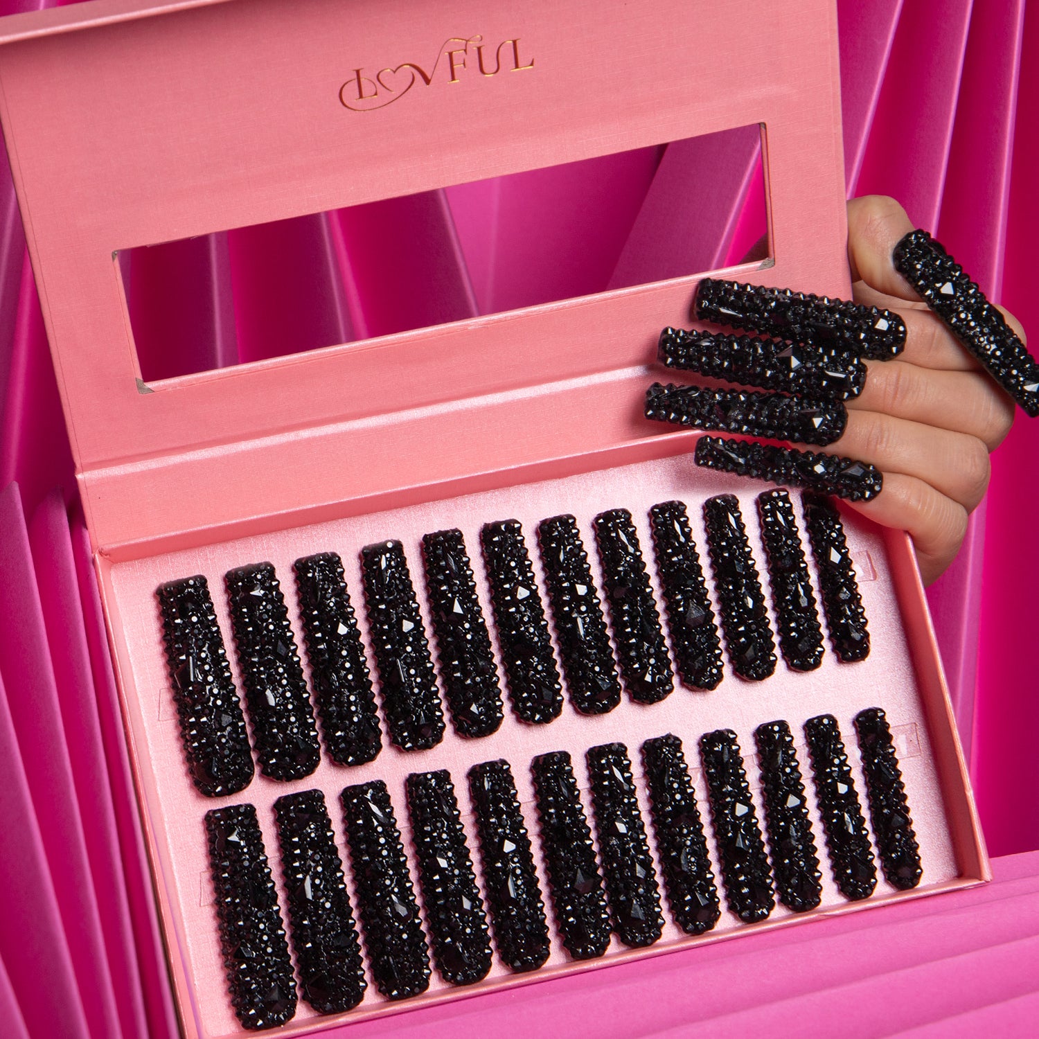 Classic Black Rhinestone Handmade Nails 24pcs H146