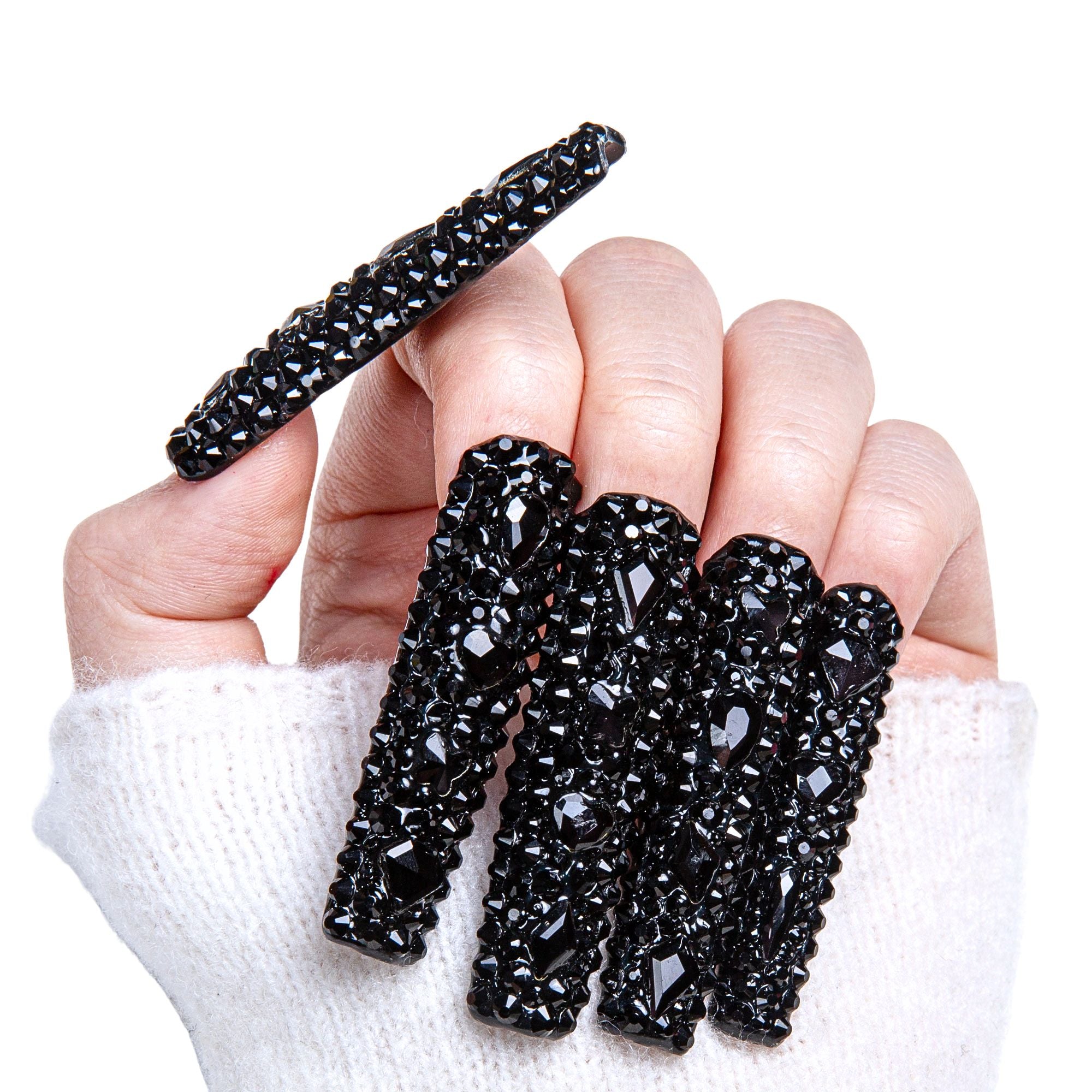 Classic Black Rhinestone Handmade Nails H146