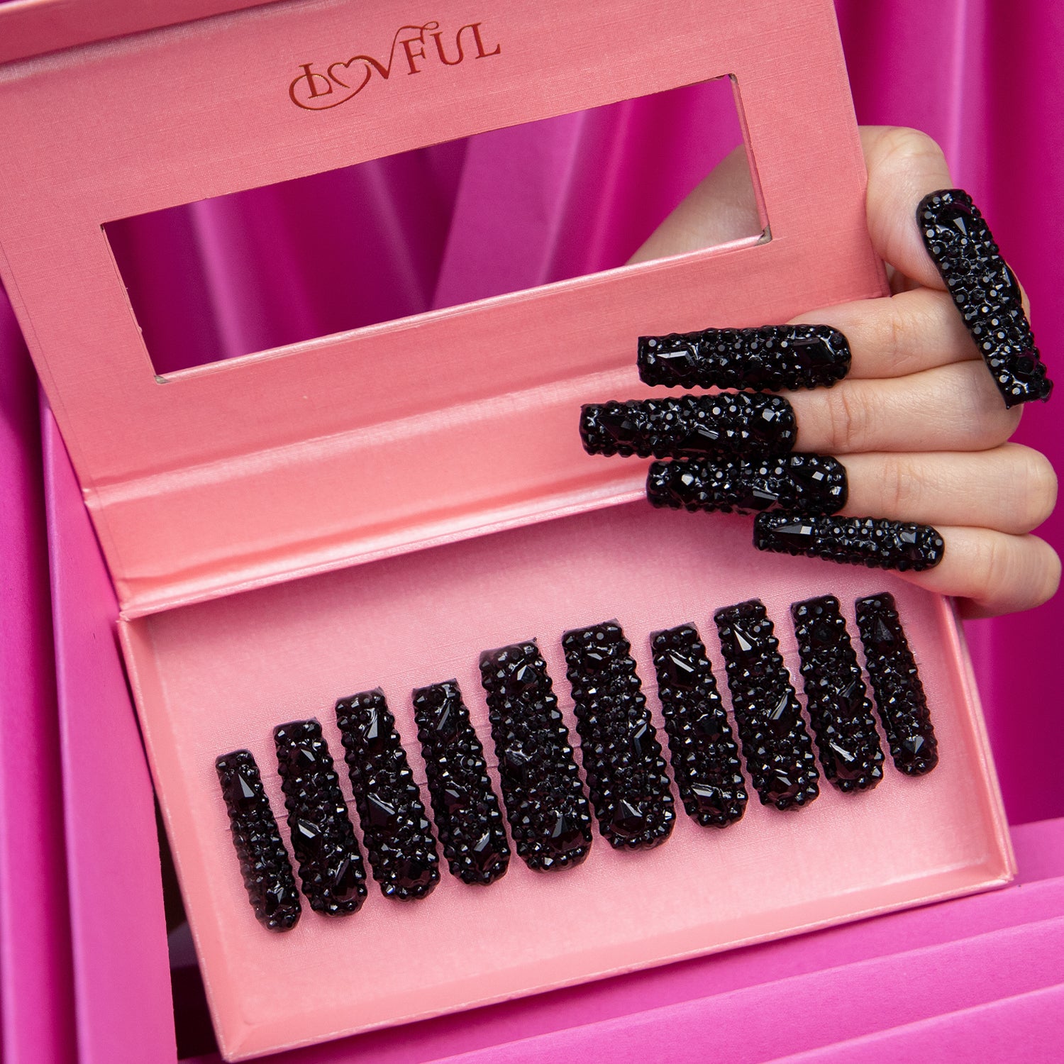 Classic Black Rhinestone Handmade Square Nails H146