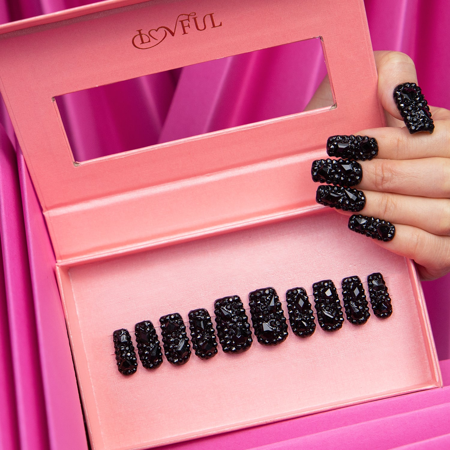 Classic Black Rhinestone Handmade Square Nails H146