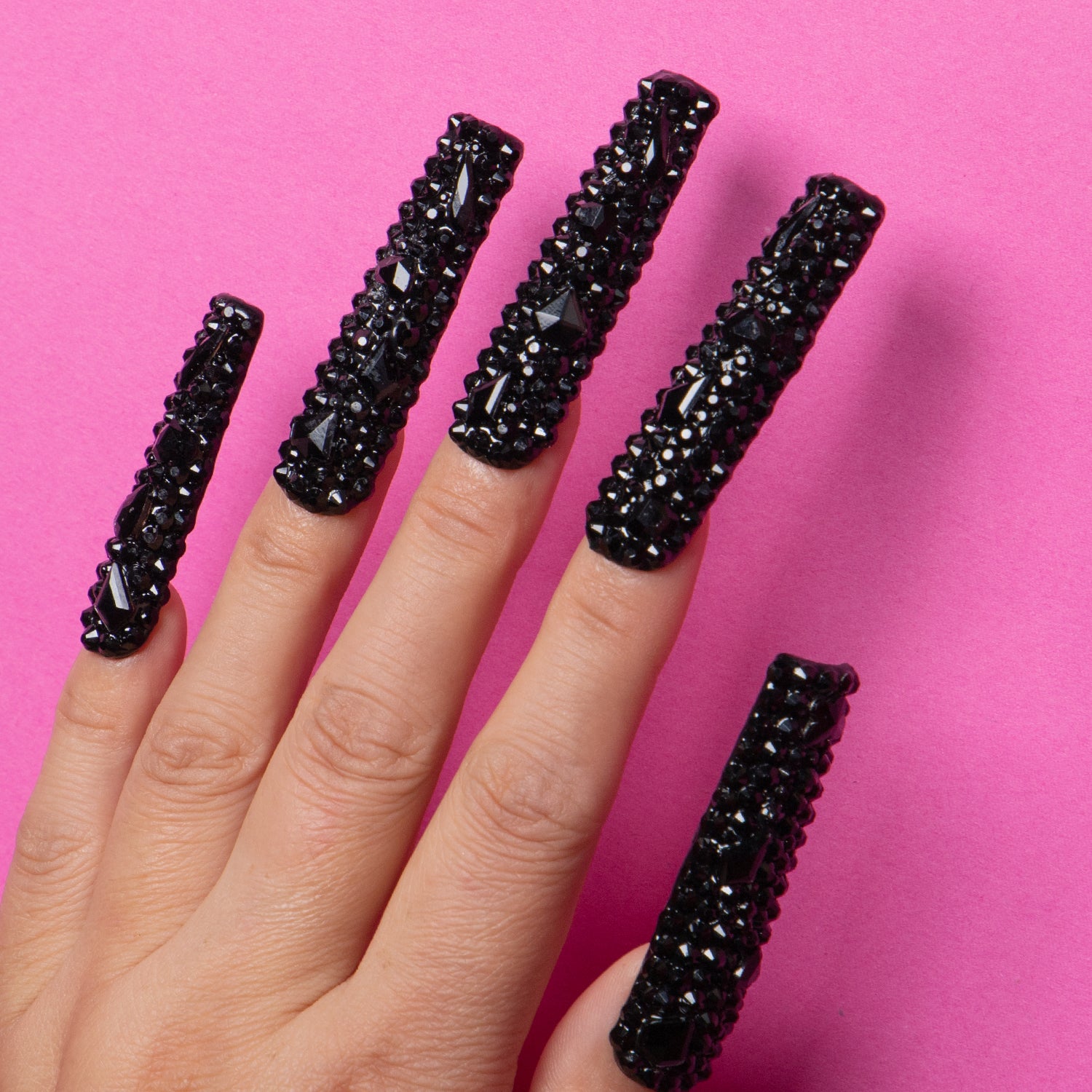 Classic Black Rhinestone Handmade Nails 24pcs H146