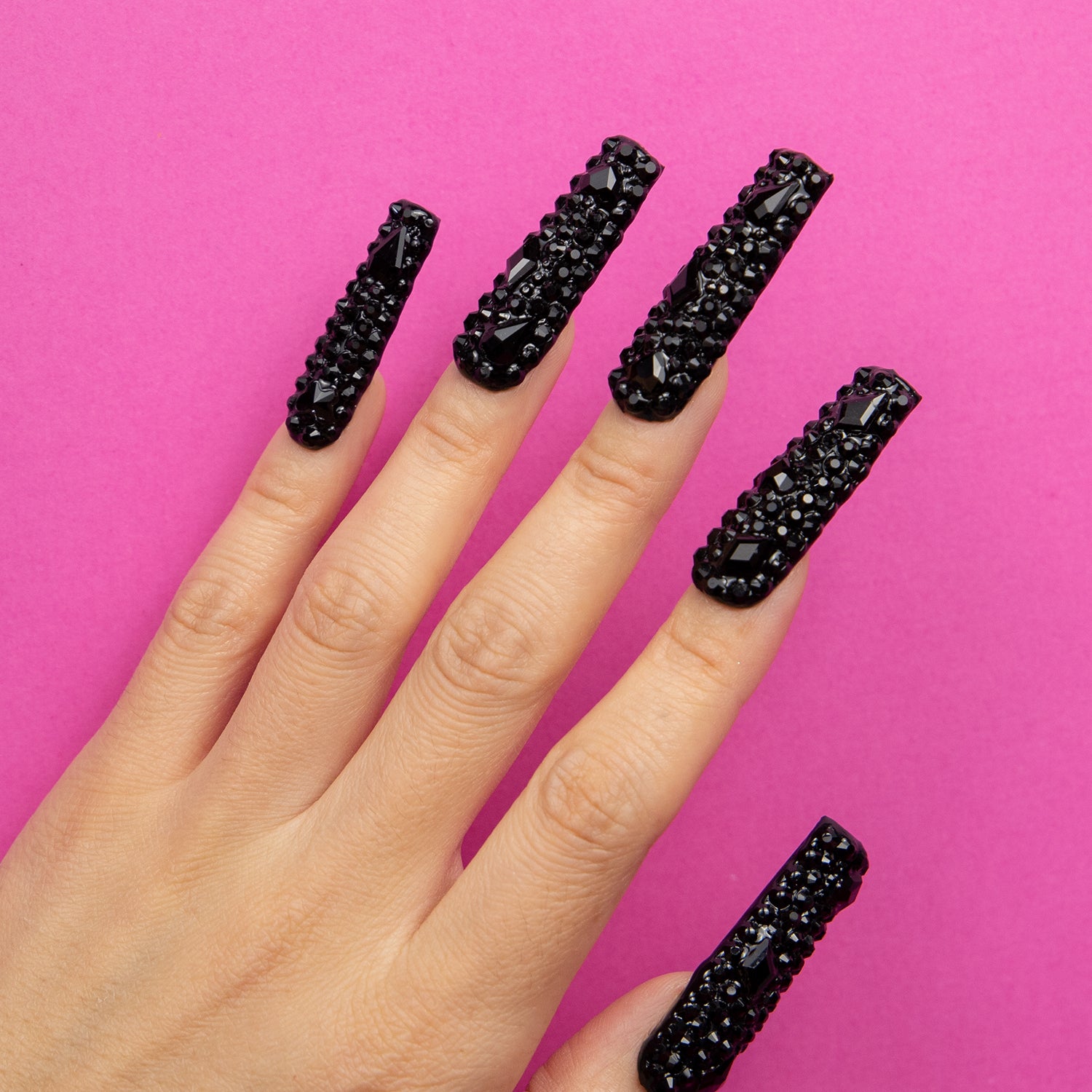 Classic Black Rhinestone Handmade Square Nails H146