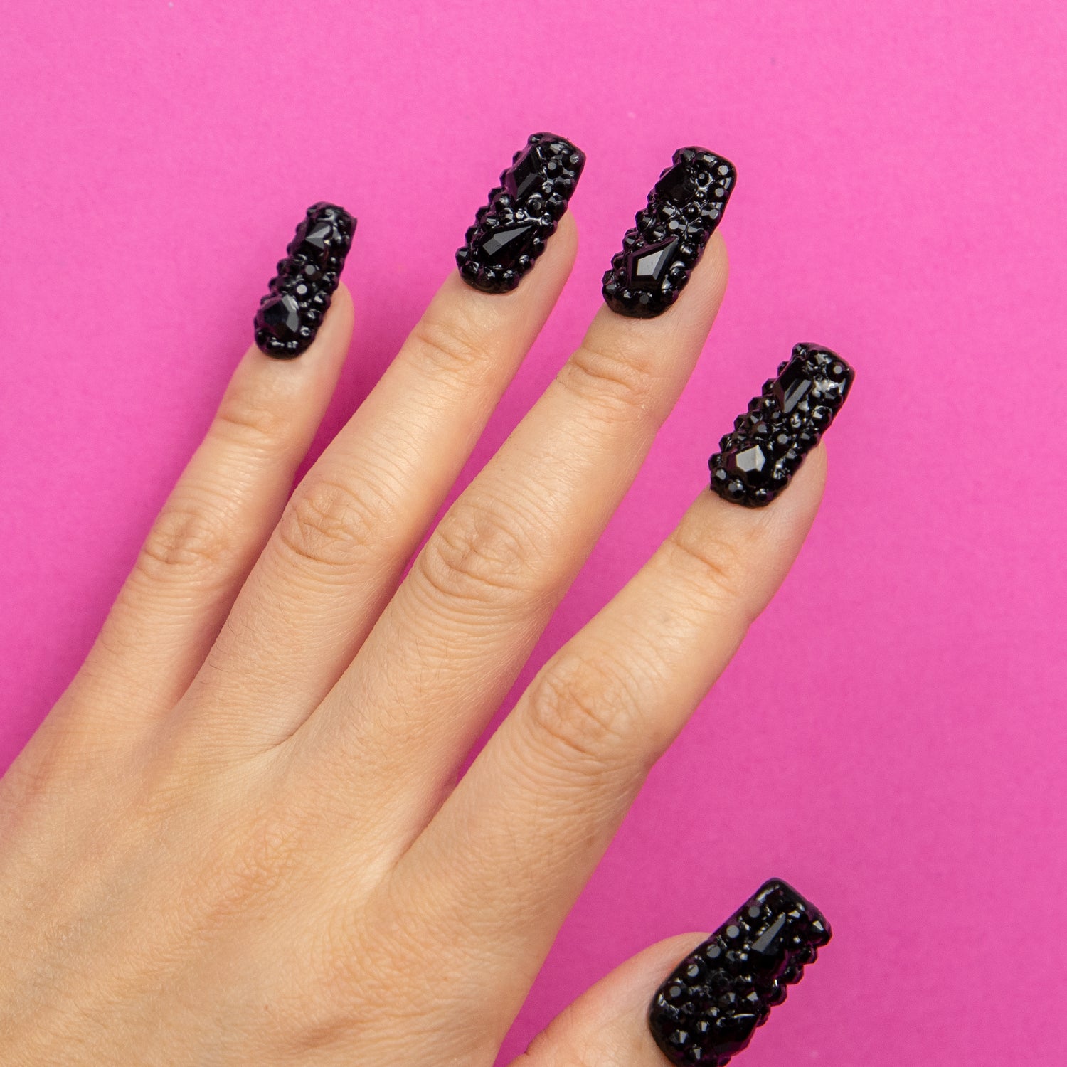 Classic Black Rhinestone Handmade Square Nails H146