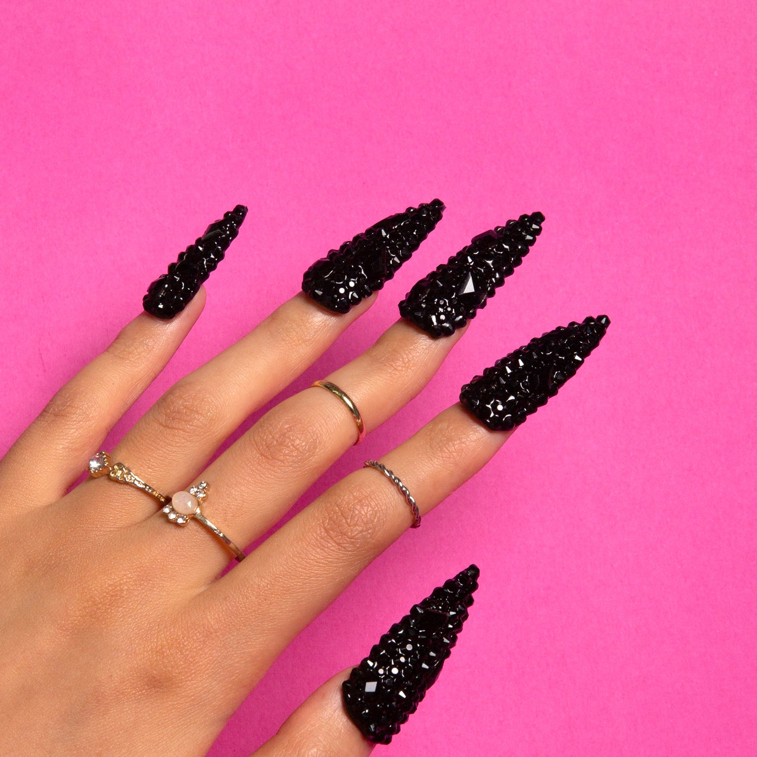 Classic Black Rhinestone Handmade Stiletto Nails H146