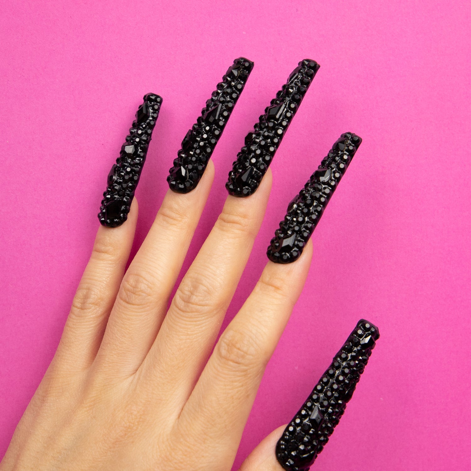 Classic Black Rhinestone Handmade Coffin Nails H146