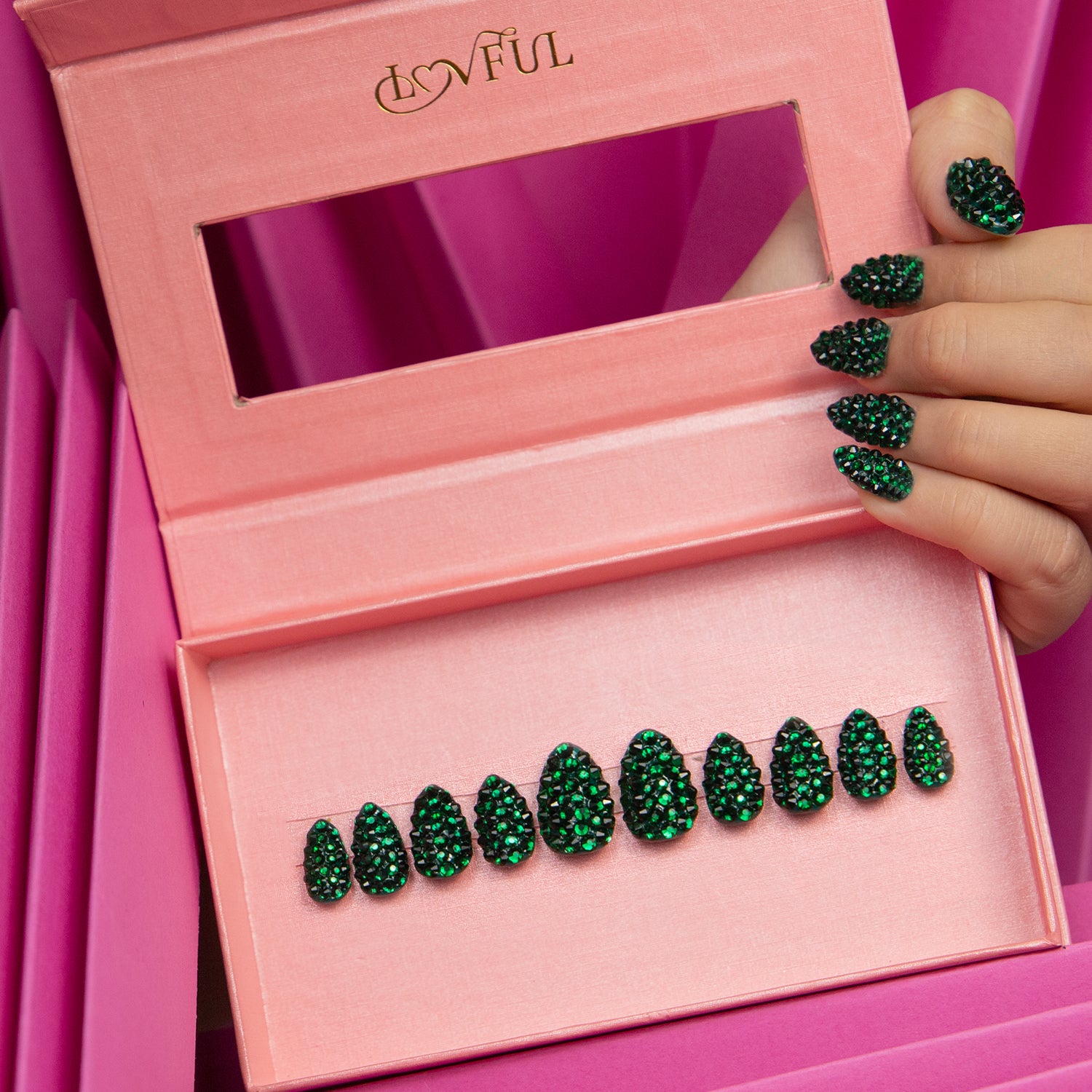 Classic Green Rhinestone Handmade Almond Nails H147