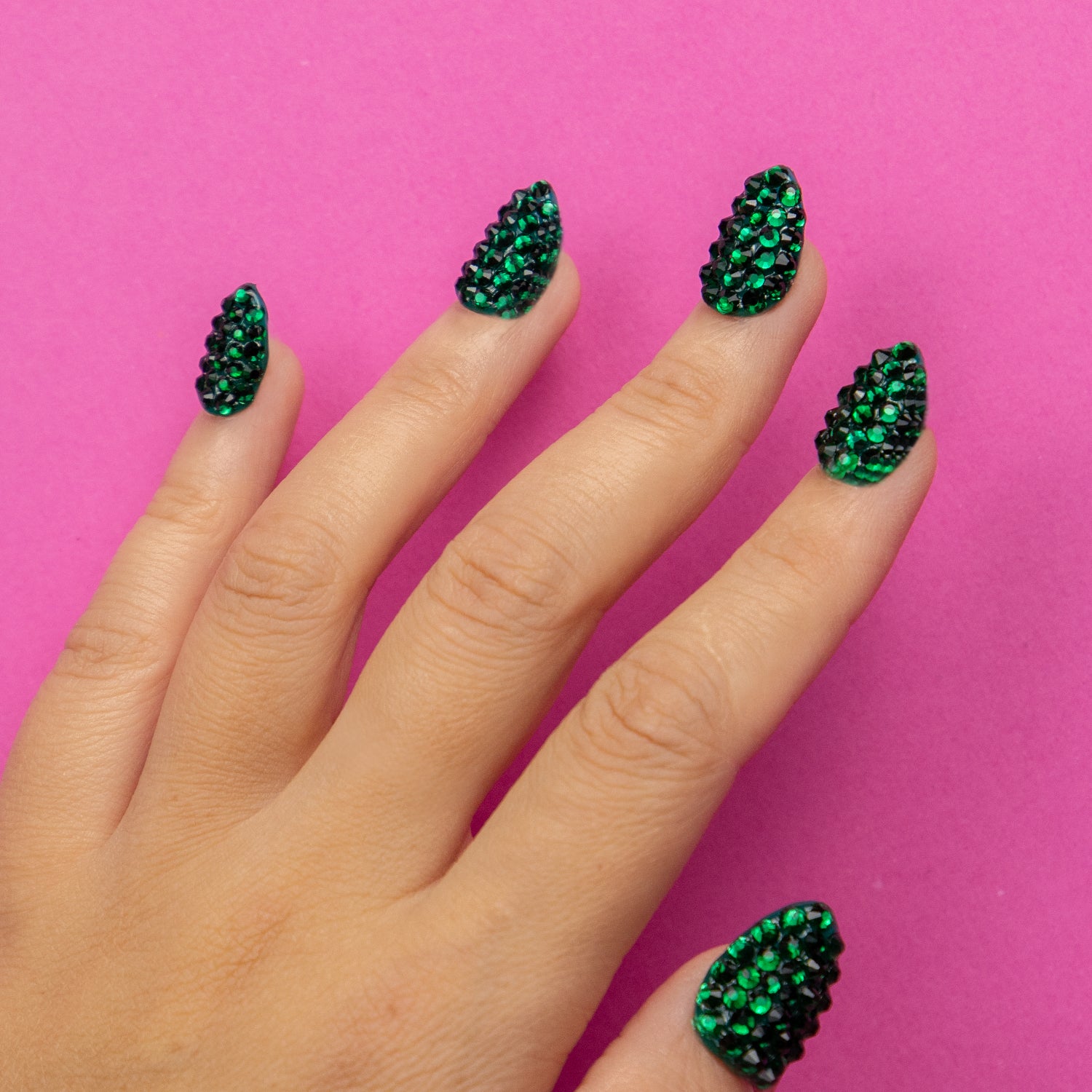 Classic Green Rhinestone Handmade Almond Nails H147