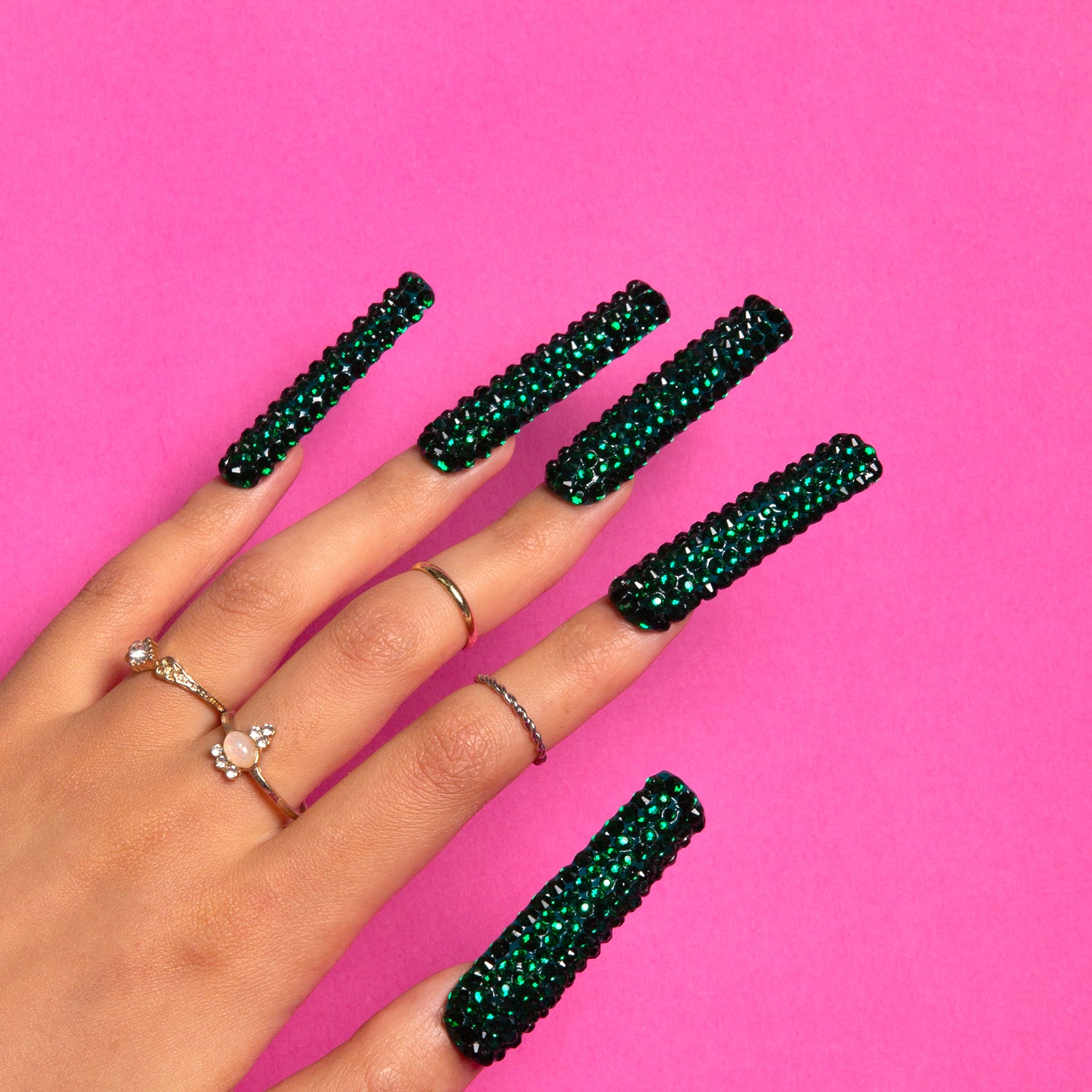 Classic Green Rhinestone Handmade Square Nails H147 RTS