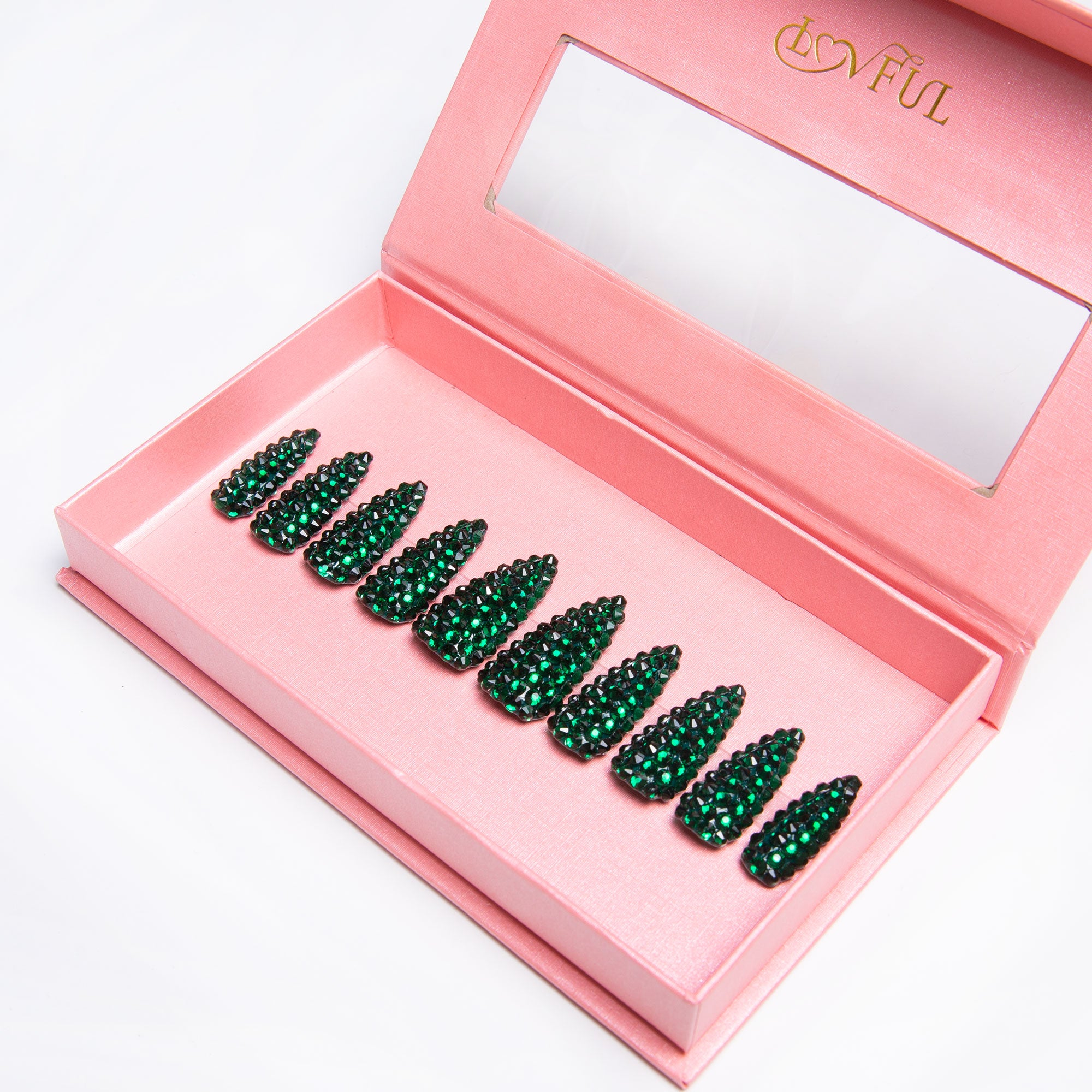 Green Rhinestone Press On Nails