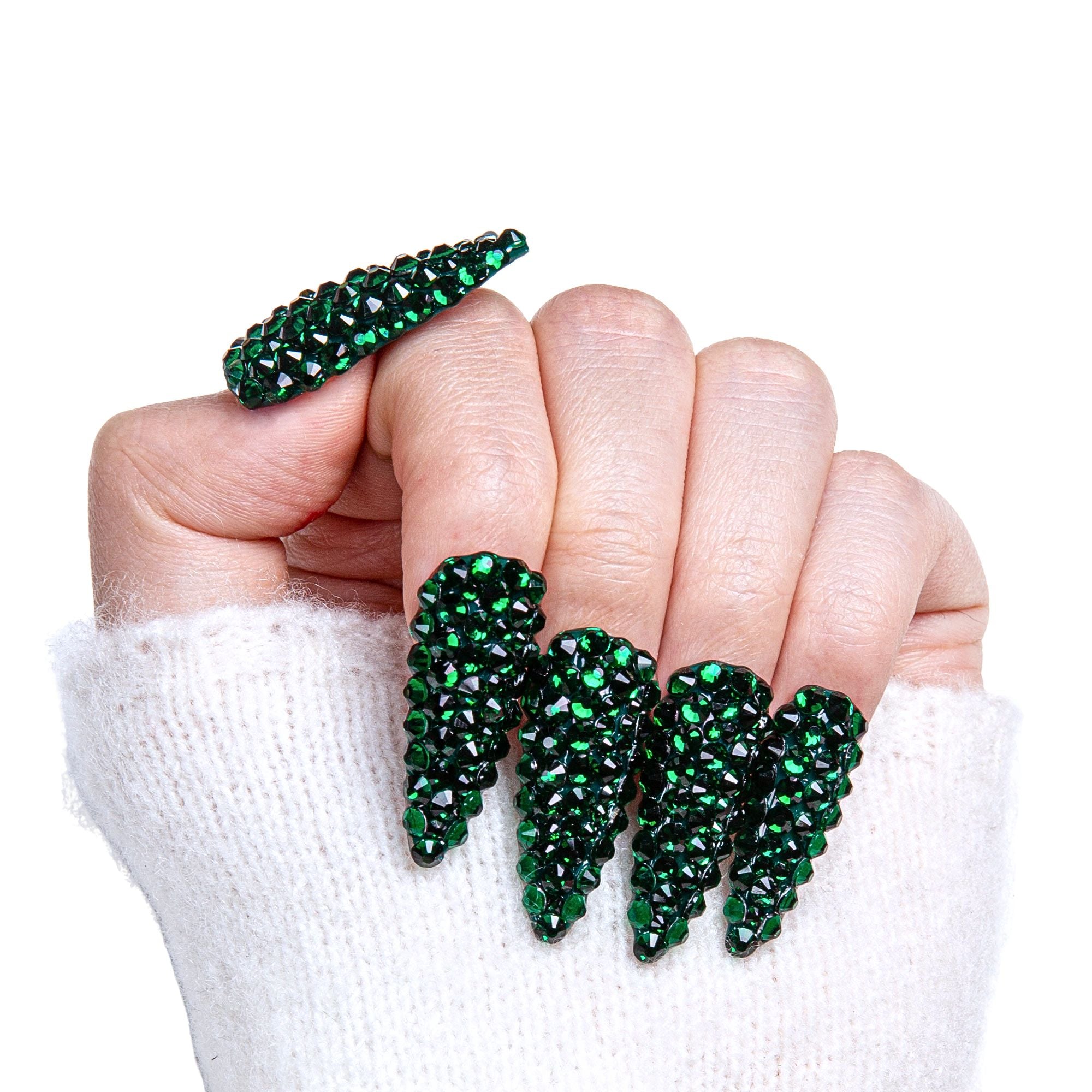 Classic Green Rhinestone Press On Nails