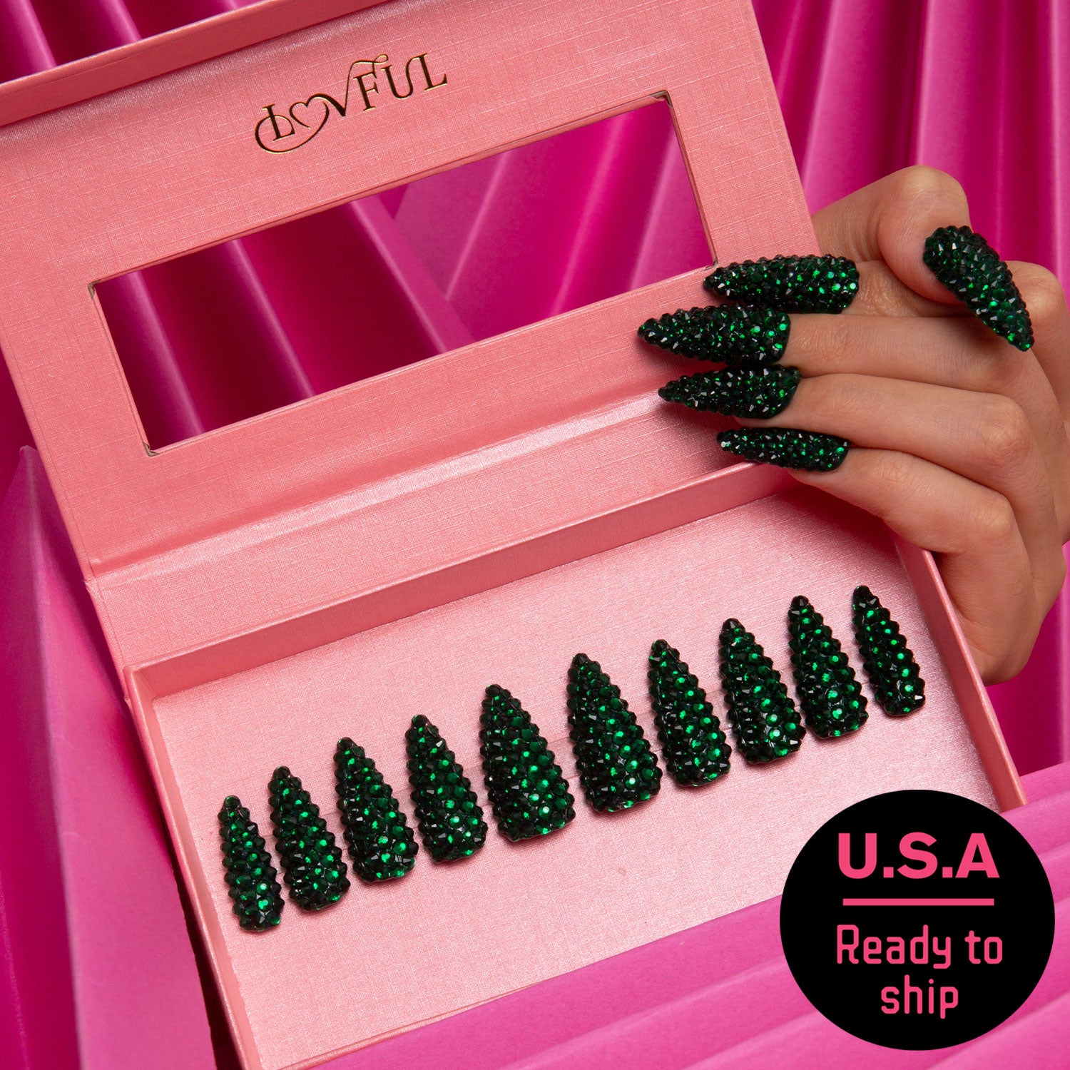 Classic Green Rhinestone Handmade Stiletto Nails H147 RTS