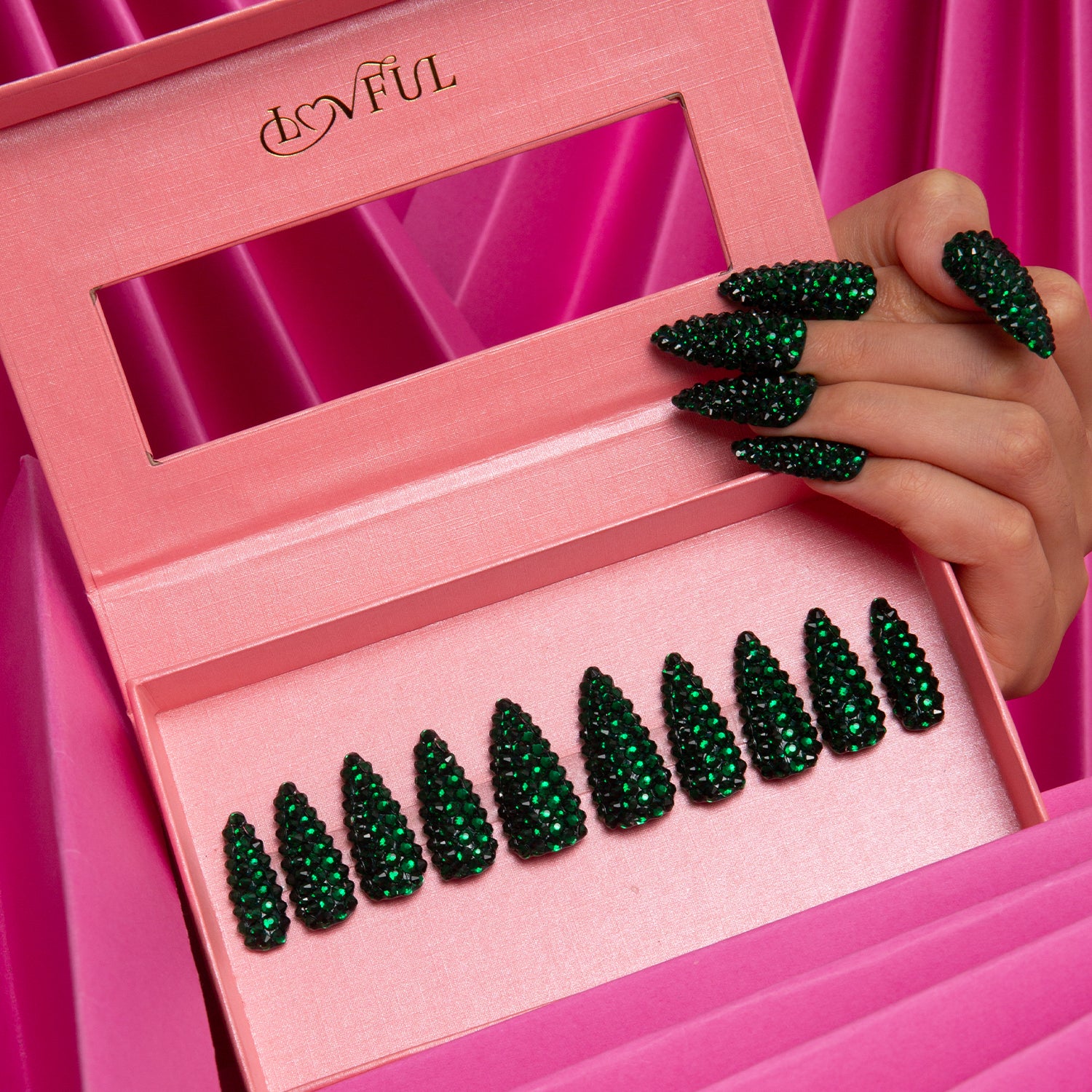 Classic Green Rhinestone Handmade Stiletto Nails H147