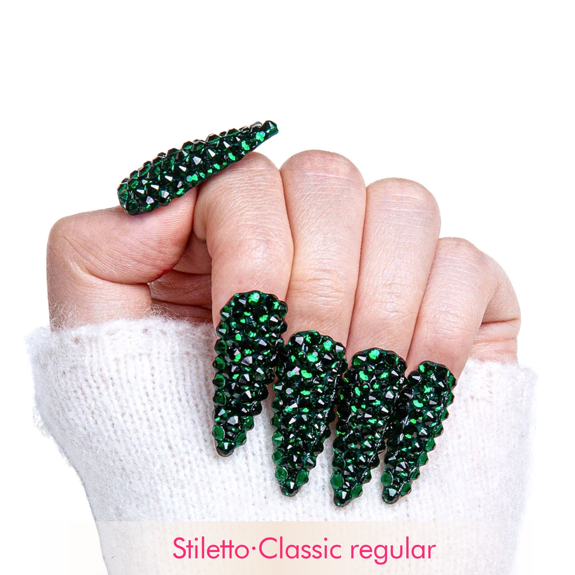 Classic Green Rhinestone Handmade Nails H147
