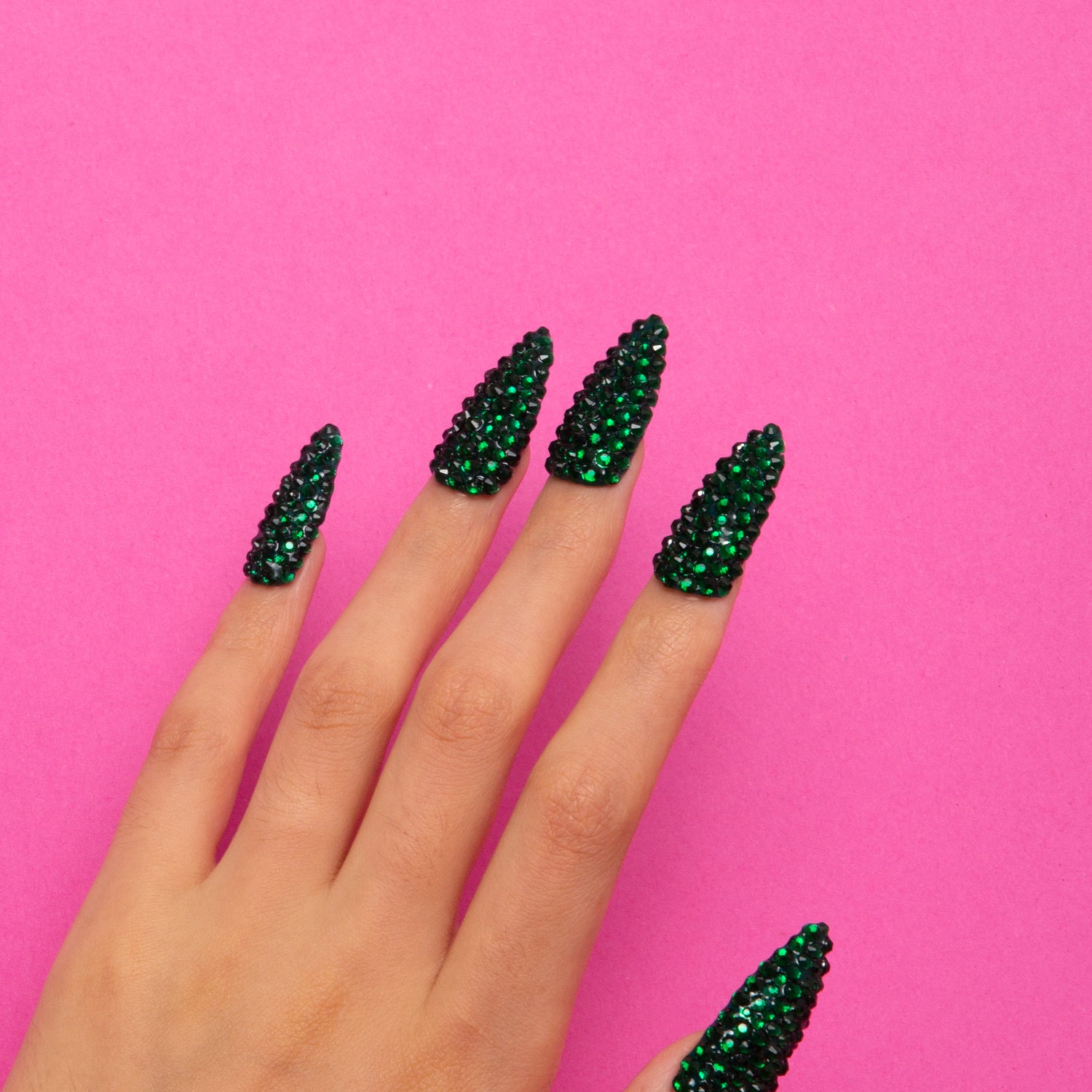 Classic Green Rhinestone Handmade Stiletto Nails H147 RTS