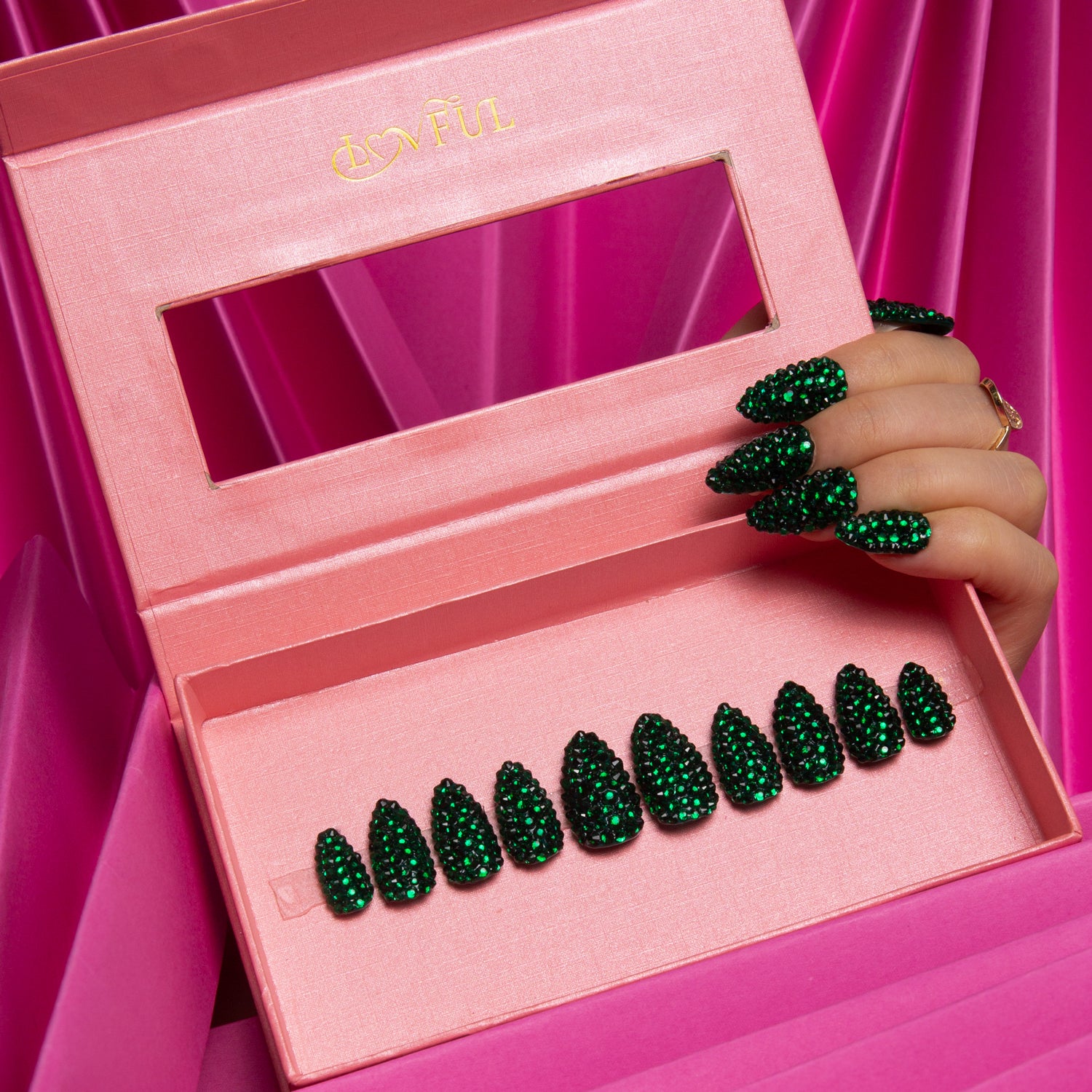 Classic Green Rhinestone Handmade Almond Nails H147