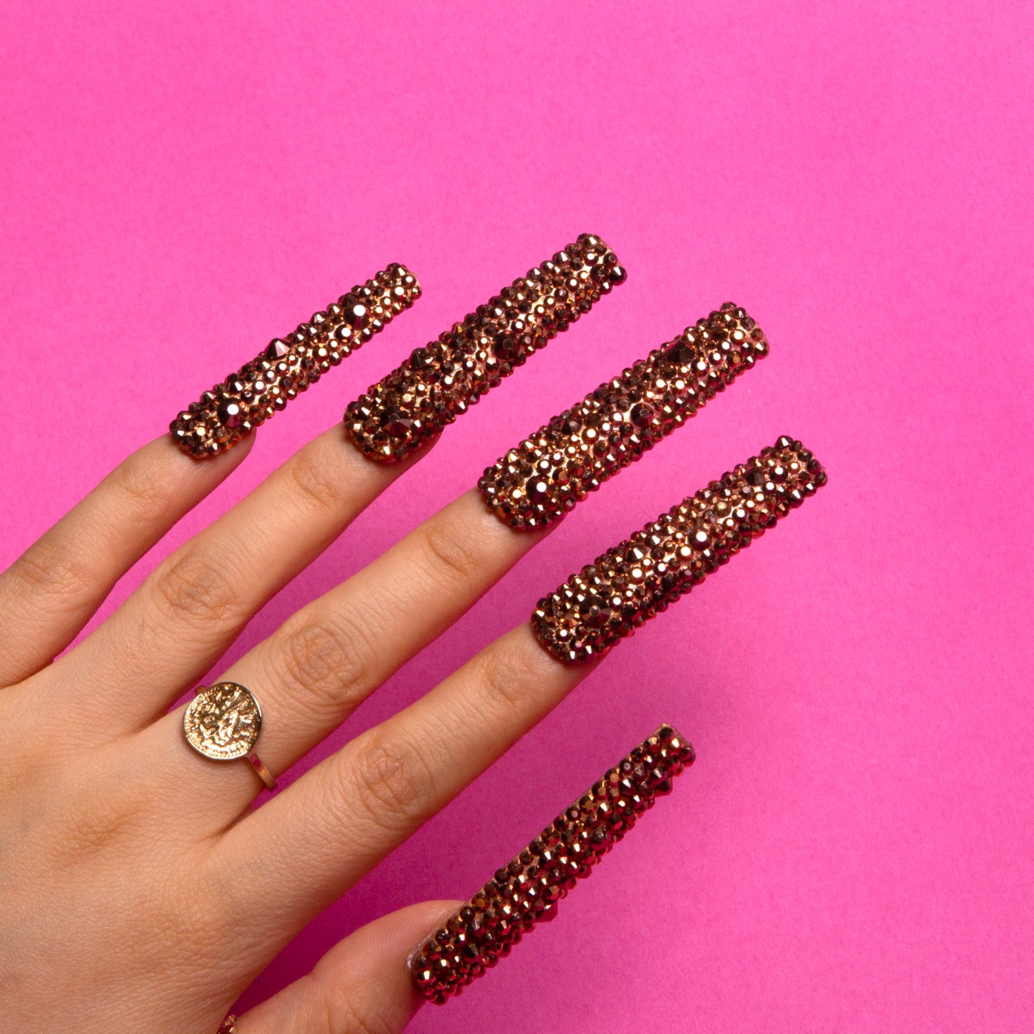 Classic Golden Rhinestone Handmade Square Nails H148 RTS