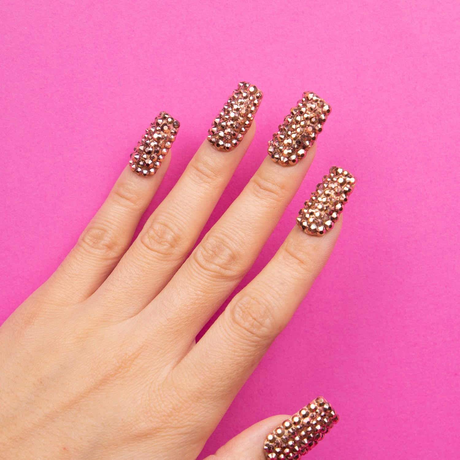 Classic Golden Rhinestone Handmade Square Nails H148