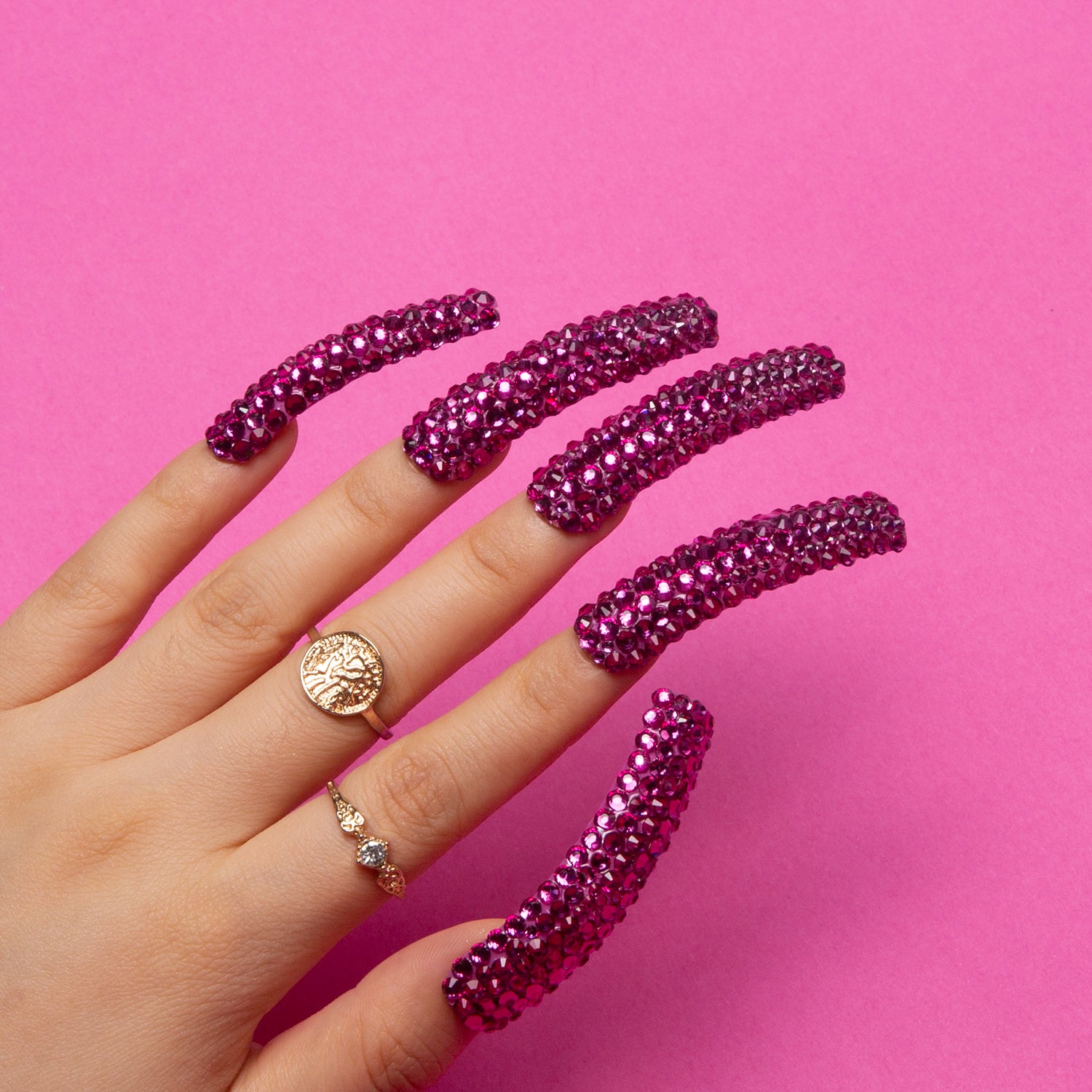 Classic Pink Rhinestone Handmade Curve Nails H150