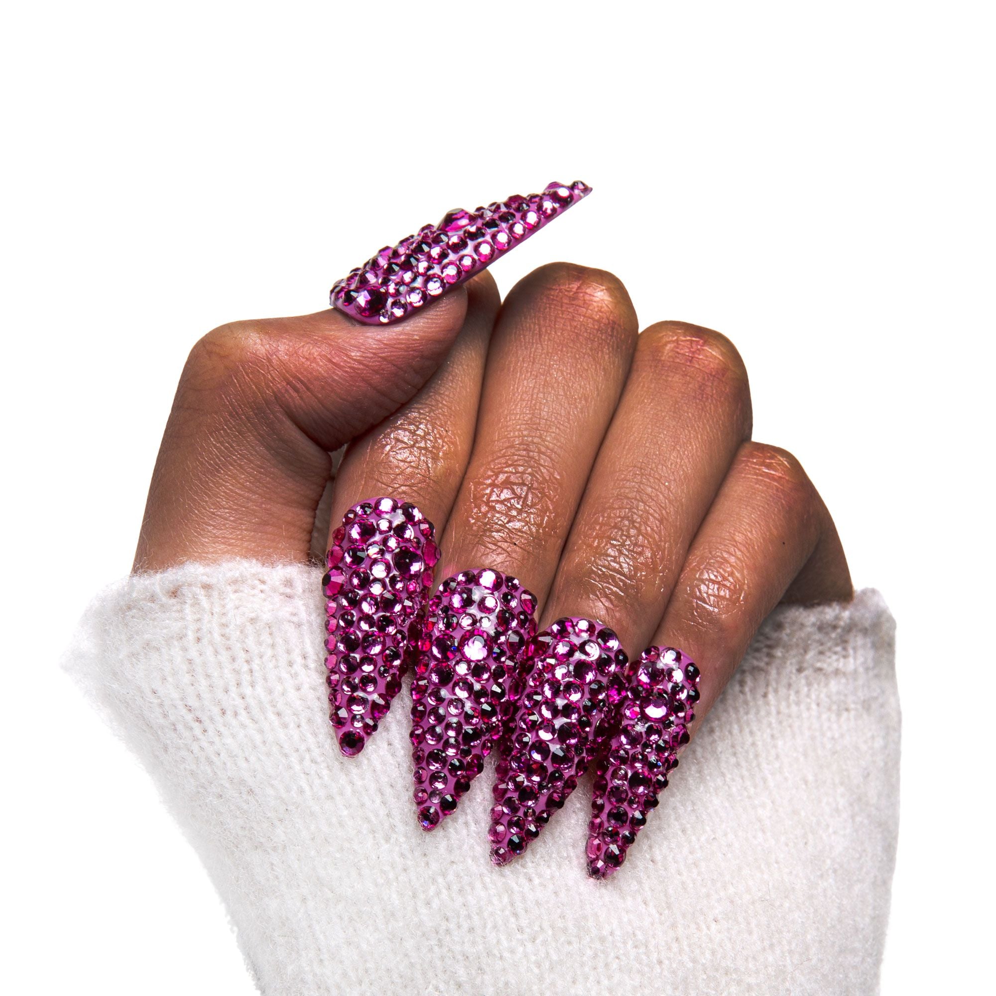 Classic Pink Rhinestone Handmade Nails H150