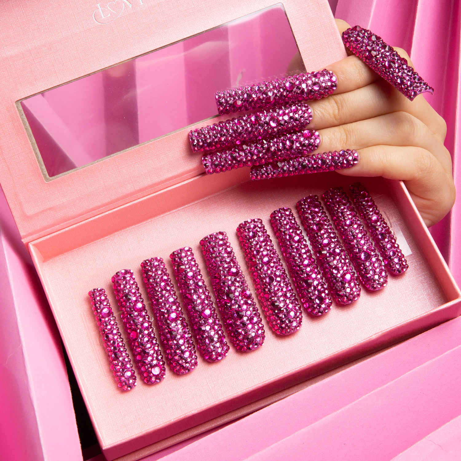 pink rhinestone press on nails