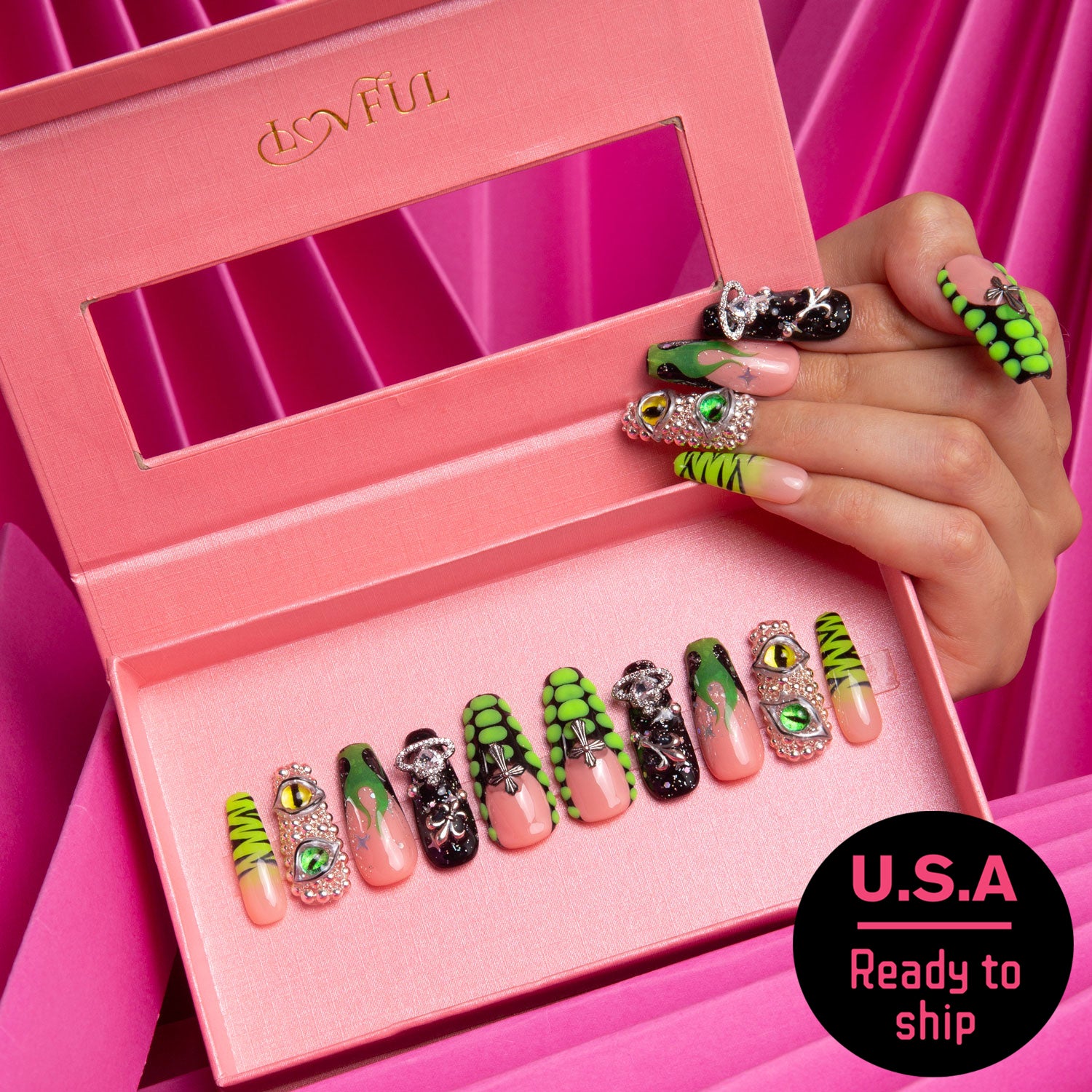 Dare to Roar French Tip Handmade Coffin Nails H153 RTS