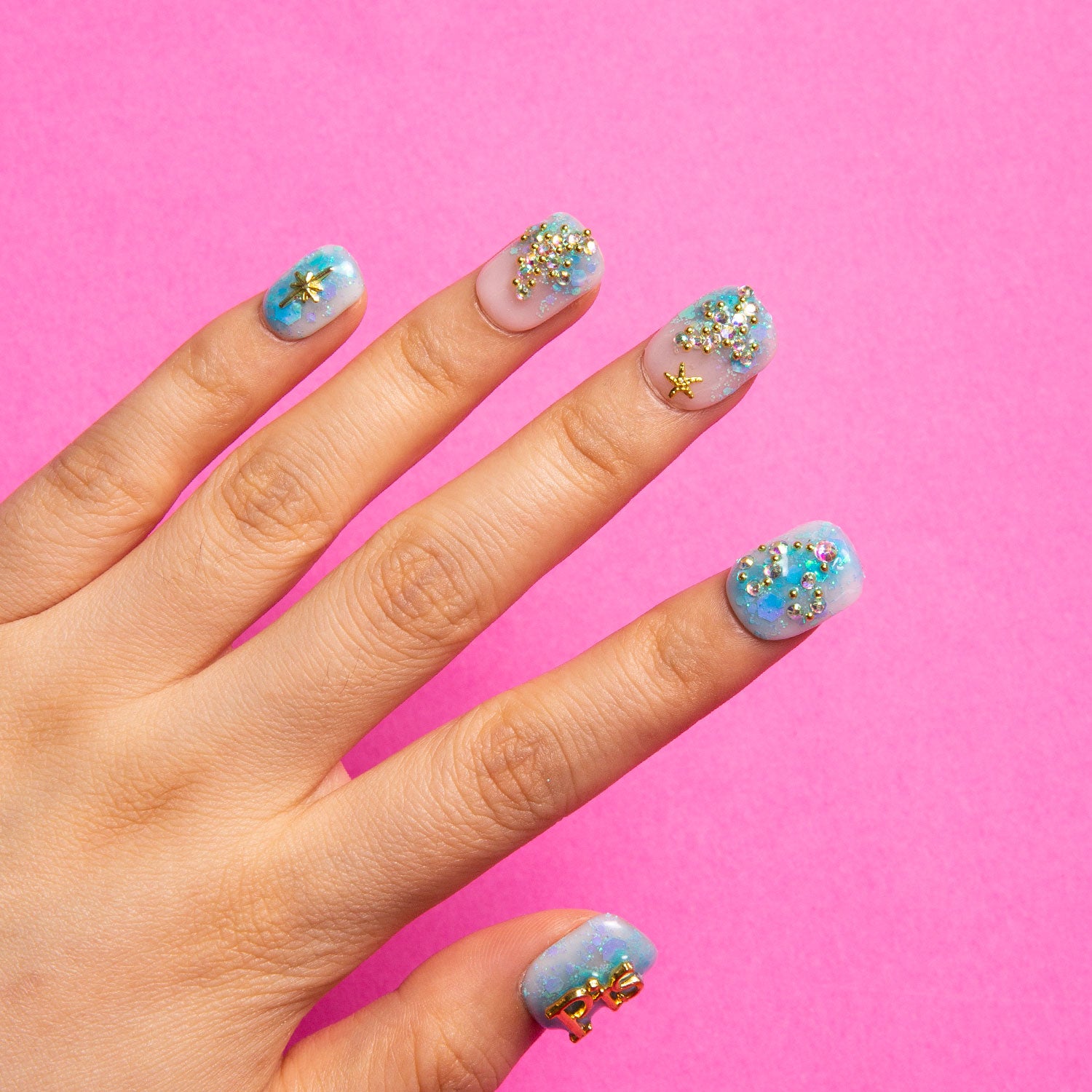 Pisces blue french tip Square nails H157
