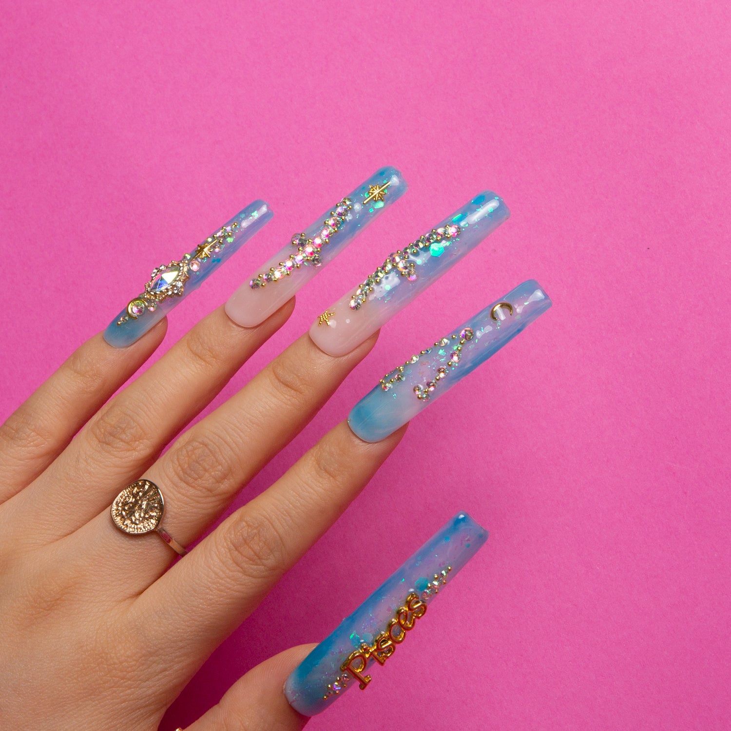 Pisces blue french tip Square nails H157 RTS