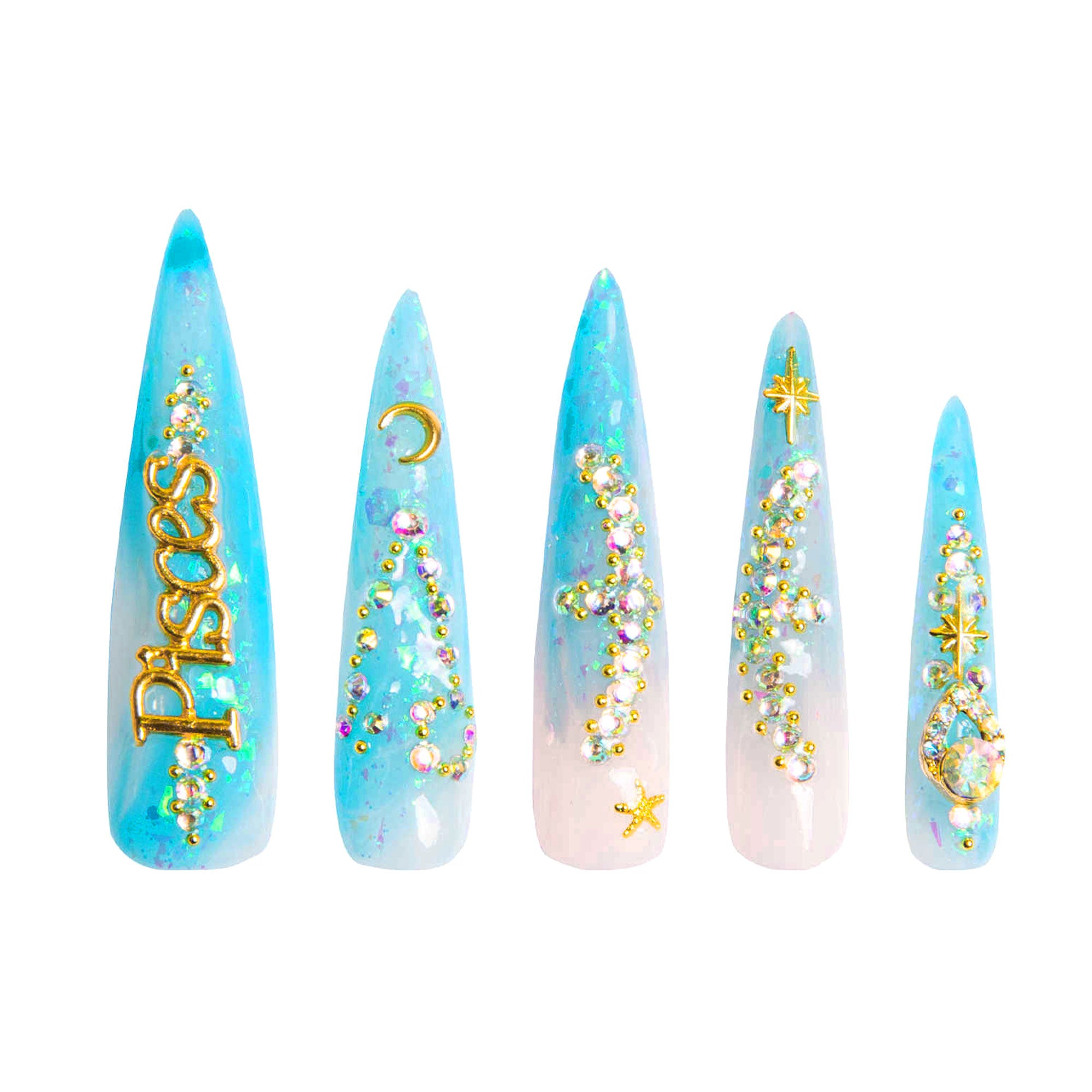 Pisces Blue French Tip Handmade Nails H157