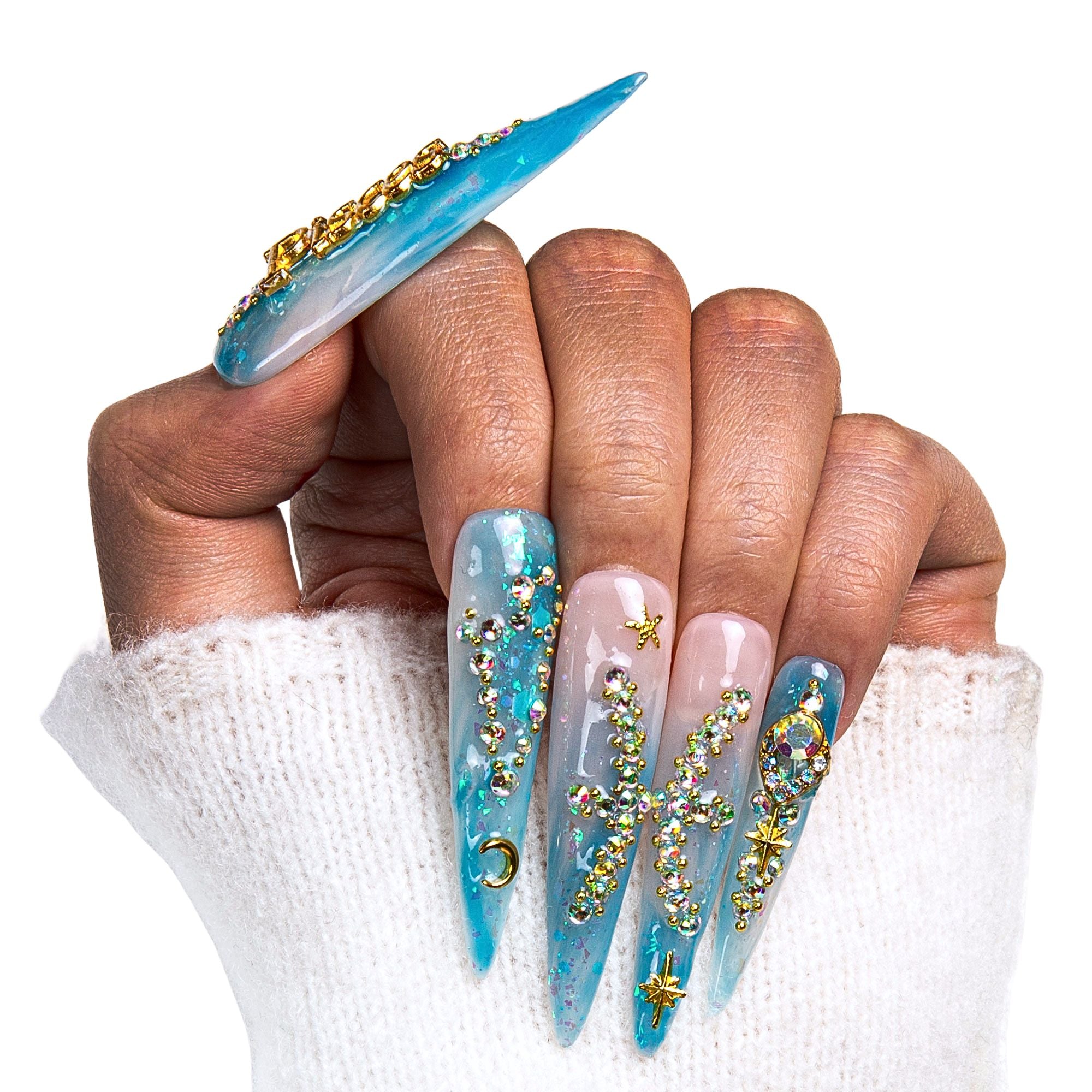 Pisces Blue French Tip Handmade Nails H157