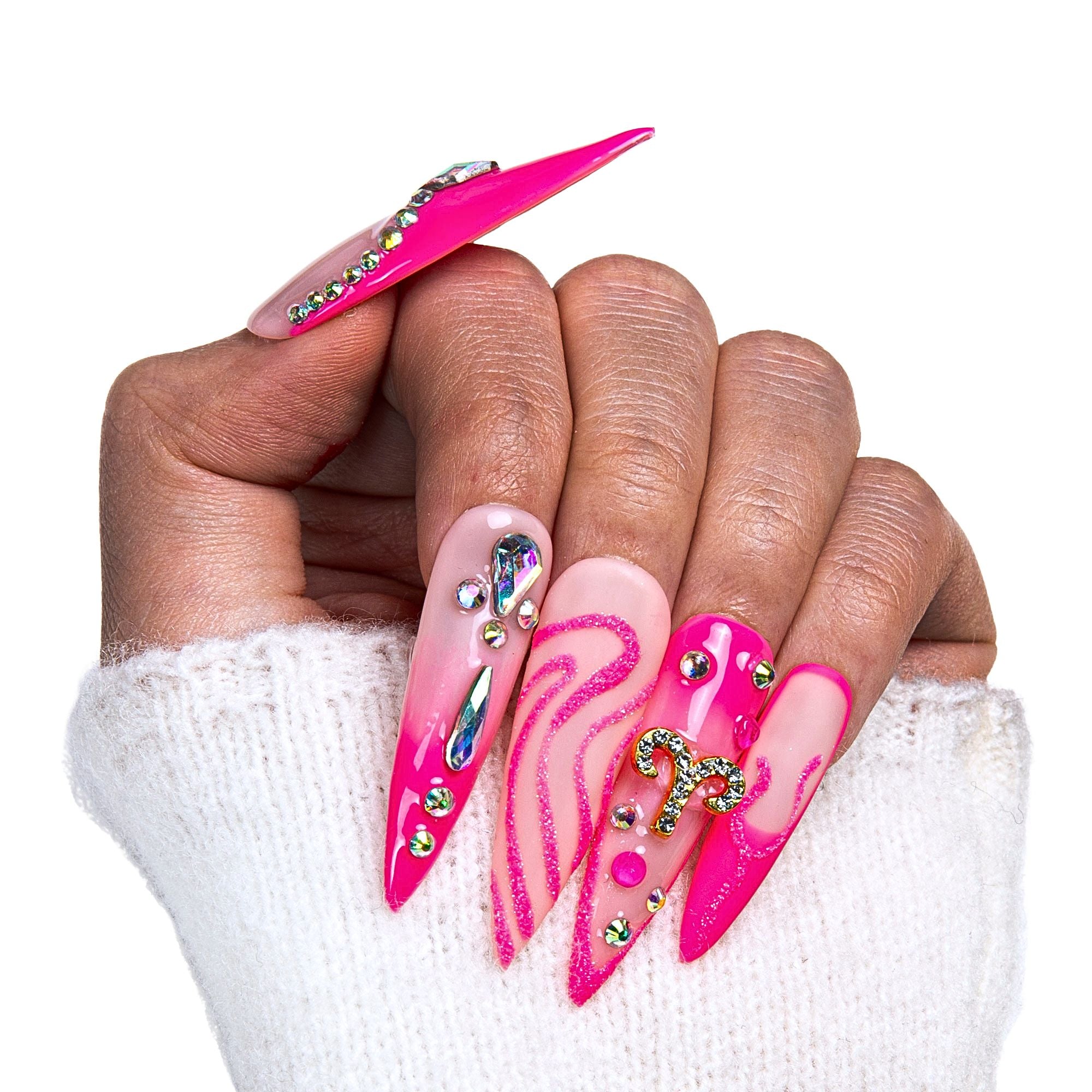 Aries press-on nails, hot pink acrylic nails, zodiac nail art, nail rhinestones